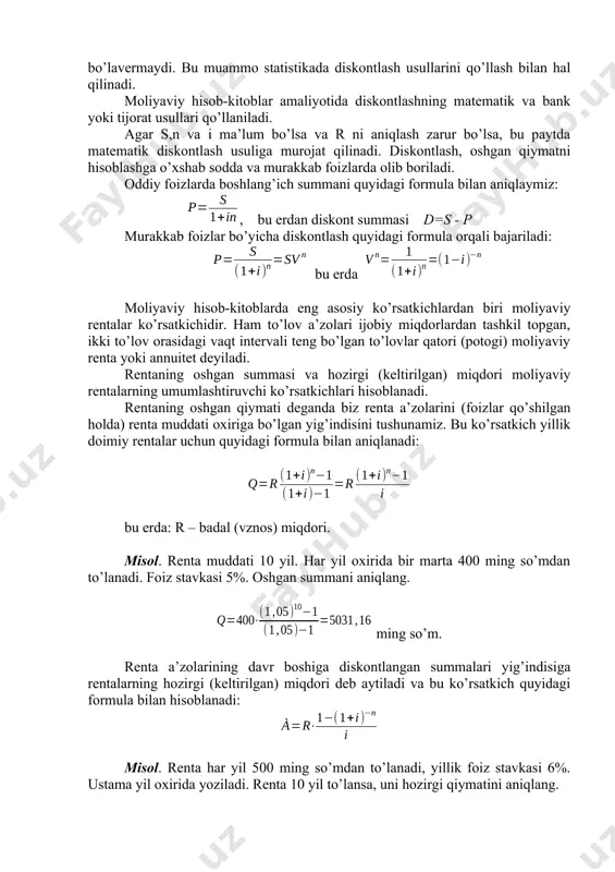 tavkasi bilan berilgan. 5 yildan keyin qaytarib olinadigan summa, ya’ni oshgan qiymat aniqlansin. s=10+10 ∙ 0,3∙5=25 mln. so’m. s=10(1+0,3 ∙5)=25 mln. so’m. qarz muddati har xil bo’lishi mumkin. agar qarz muddati 1 yildan kam bo’lsa, yuqorida keltirilgan formulaga qisman o’zgarish kiritamiz va s ni quyidagicha hisoblaymiz: ) bu erda: d - qarz kunlari soni; k – yildagi kunlar soni. murakkab foizlarda oshgan qiymat quyidagi formula bilan aniqlaniladi: misol. 5 mln. so’m 3 yilga 25% yillik stavka bilan bankka joylashtirildi. shartnoma bo’yicha bank murakkab foizlar bilan pulni qaytib berishni bo’yniga olgan. bank necha so’m qaytib beradi? s=5(1+0.25)3=5(3lg1.25)=9765625 so’m. moliyaviy hisob-kitoblarda hamma vaqt va har qanday sharoitda ham boshlang’ich summa, oshgan qiymat chegirma va ustama summalari ma’lum bo’lavermaydi. bu muammo statistikada diskontlash usullarini qo’llash bilan hal qilinadi. moliyaviy hisob-kitoblar amaliyotida diskontlashning matematik va bank yoki tijorat usullari qo’llaniladi. agar s,n va i ma’lum bo’lsa va r ni aniqlash zarur bo’lsa, bu paytda …