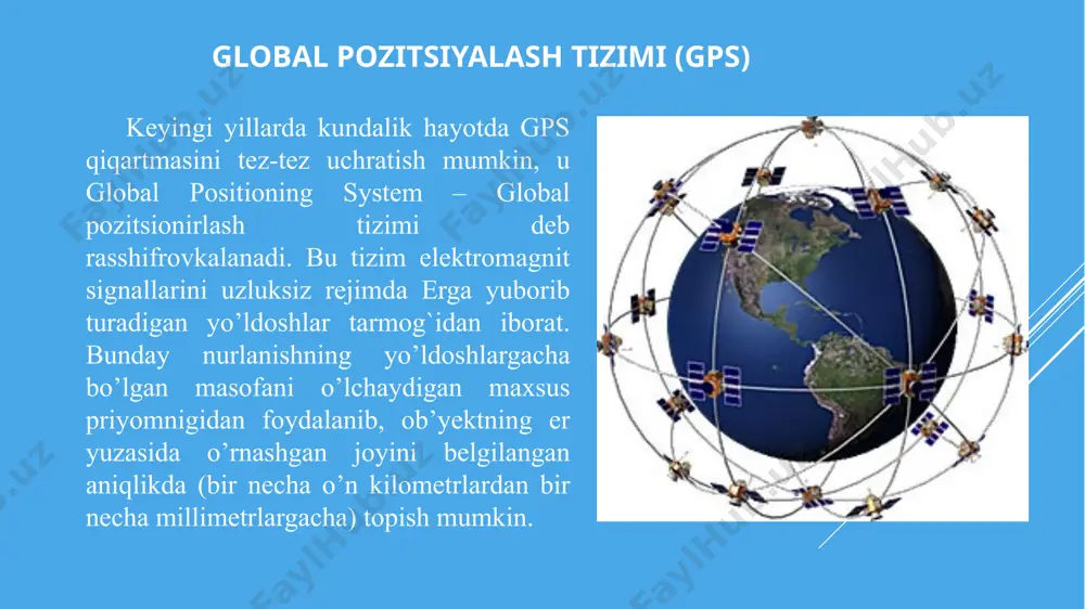 yo’l qoyadi timi. gat da gps tushunchasi 3/4/2021 21 23 gps vaqti gps vaqti 6 yanvar 1980 da, 00:00:00 ga keltirilgan yanvar 6 = 1- shanba 1980 yilda sputnik gps vaqtlari xalqaro atom vaqtiga keltirilgan (xalqaro atom vaqti -tai) tai esa umumiy vaqt koordinatasiga asos bo’lib xizmat qiladi (grinvich vaqti-utc) gps vaqti = tai + 13s 13 sekundlik o’zgarish 1/6/1980 yildan beri mavjud timi. gat da gps tushunchasi 3/4/2021 22 kod modellari sputnik signallari timi. gat da gps tushunchasi 3/4/2021 23 kod analizi orqali vaqtni hisoblash d = v (dt) faza (kod) har bir sputnik yagona signal yuboradi ,1 msec oraliqda gps esa bu signalni o’z signali bilan taqqoslaydi vaqtlar farqidan (dt) masofa hisoblab olinadi dt sputnik signali gps signali signallarni taqqoslash timi. gat da gps tushunchasi 3/4/2021 24 18 gdop (geometrik) kenglik, uzoqlik, balandlik va vaqt pdop (pozitsional) kenglik, uzoqlik va balandlik hdop (gorizontal) kenglik va uzoqlik vdop (vertikal) …