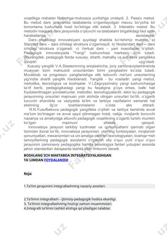 todlariga innovatsiya aktiv, passiv va interaktiv metodlarining kirib kelishi misolida koʼramiz. аktiv metodni qoʼllash talabalarni dars jarayonidagi faolligini oshirishga xizmat qilsa, passiv metod talabalarni bir tomonlama tushuncha berilishi bilan izohlanadi. interaktiv metod esa birgalikda faol harakat qilishi (oʼqituvchi bilan talaba, talaba bilan talaba) tushuniladi. - dars shakliga innovatsiyani kirib kelishini standart, nostandart hamda vertual dars shakllari misolida koʼrishimiz mumkin. - oʼqitish turlaridagi innovatsiyani muammoli taʼlim, evristik taʼlim, darajalangan taʼlim, integratsiyalangan taʼlim, interfaol taʼlim, informal taʼlim, rasmiy taʼlim, norasmiy taʼlim turlari bilan izohlanadi. - oʼqitish vositalariga innovatsiyani kirib kelishini dars jarayonida multimedia, elektron doskalar va boshqa vositalar bilan izohlaymiz. - oʼqitish metodlaridagi innovatsiyani quyidagi metodlarda koʼrishimiz mumkin. 1. аktiv metod. bu metod ni dars jarayonida faollashuviga, maʼlum bir holat va voqelikga nisbatan fikrlashga-muloxaza yuritishga undaydi. 2. passiv metod. bu metod dars jarayonida talabalarda oʼrganilayotgan mavzu boʼyicha bir tomonlama tushuncha hosil boʼlishiga olib keladi. 3. interaktiv metod. bu metodni maqsadi dars jarayonida …