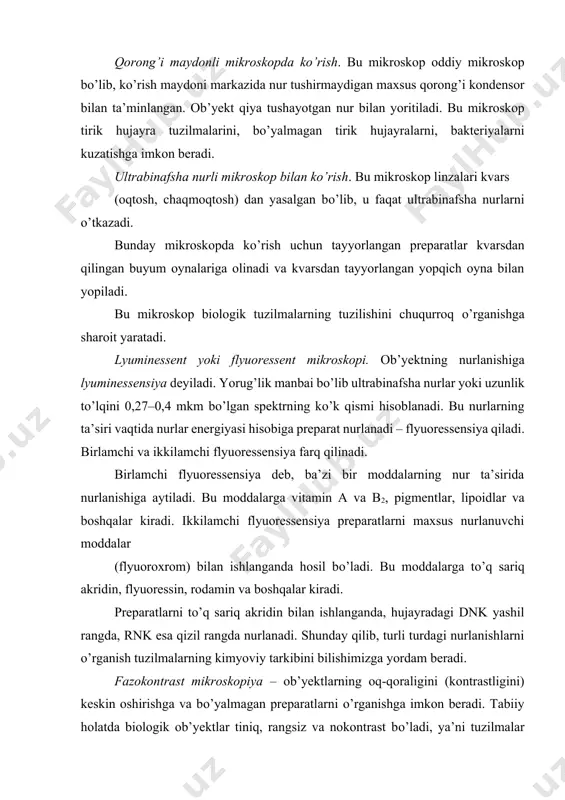 – fazokontrast mikroskopiyaga nisbatan kо’proq imkoniyatga ega. interfraksion mikroskop bilan kо’rganda hujayralarning turli komponentlari zichligi bо’yicha turli rangga ega bо’ladi. ikkinchi tarafdan tuzilmalarning rangiga qarab о’rganilayotgan tuzilmalarning zichligi tо’g’risida fikr yuritish va hujayralarning quruq og’irligini topish mumkin. polyarizatsion mikroskopiya – hujayra va tо’qimalarning anizatrop yoki ikki xil nur sindiruvchi tuzilmalarini о’rganish uchun ishlatiladi. bu mikroskop bilan о’rganilayotgan anizatrop tuzilmalardagi (kristall va fibrillyar oqsillarda) molekulalarning joylashishini о’rganish mumkin. bu mikroskop hujayra bо’linishi, xromosomalar va organoidlar tuzilishini о’rganishda ham qо’l keladi. elektron mikroskoplarning ixtiro qilinishi mikroskopda kо’rish texnikasining rivojlanishida alohida о’rin tutadi. bu mikroskopda elektronlarning tо’lqinli xususiyatlaridan va magnit maydonida elektron nurlarini fokuslash mumkinligidan a b 2-rasm. transmission (a) va skanerlovchi (b) elektron mikroskop. foydalaniladi (2-rasm). zamonaviy elektron mikroskoplarning hal qilish qobiliyati 0,2 dan 1 nm gachadir. bu mikroskoplarda kо’rish uchun qalinligi 20–40 nm bо’lgan ultrayupqa kesmalar ishlatiladi. kesmalar maxsus ultramikrotomlarda tayyorlanadi. elektron mikroskop hujayra ichidagi tuzilmalarning nozik tuzilishini о’rganishga imkon beradi. …