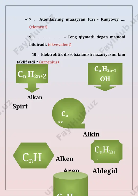 ! savol : 2-davrda joylashgan , atom massasi -12ga teng bo’lgan metalmas qaysi ? javob : uglerod – c 9)“reaksiyalarni davom eting” o’yini : 1) h2 + o2 .... 2) fe s + hcl .... 3) s+ o2 .... 4) naoh + hno3 .... 5) zn + h2so4 .... 10) bo’sh nuqtalar o’rnini o’quvchilar topqirlik bilan topishlari zarur bo’ladi ! 1) kimyoviy reakasiyalarni tezlashtiradigan , ammo o’zi o’zgarmay qoladigan moddalar bu..... javob : katalizatorlar . 11) “galagoenlaerni kim kashf etgan ?”o’yini . !!!ushbu o’yinda o’quvchilar olimlar qaysi elementlarni kashf etganini topadilar . 1 . 1866-yil da faransuz kimyogari akri muassou ............ ni kashf etdi . javob : ftor 2 . 1874-yilda shved kimyogari kare velgelm sheyeli ......... ni kashf etgan . javob :xlor 4. 1826-yil da faransuz kimyogari antuan jeromom ........... ni kashf etdi . javob : brom 5 . 1811-yil da faransuz olimi bernaz kurtuan ............ ni kashf etdi …