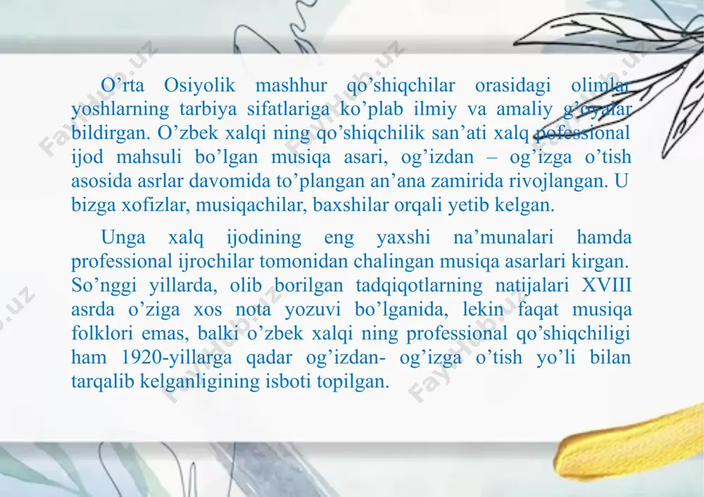 ar doim inson tarbiyasida birinchi bo’lib kelgan. xalqimiz azaldan yaxshilikni ulug’lagan, tabiatan yaxshilik qilishga moyil bo’lgan xalq sanaladi. alalxusus, bu el farzandlari qalbida “yaxshilik qil, agar yaxshilik qila olmasang yomonlik ham qilma”–degan ezgu da’vat yashaydi. ertagu-rivoyatlar, dostonlar, maqolu-naqllar, milliy mumtoz kuy va qo’shiqlarning zamirida ham o’zaro yaxshilik va ezgulik xususiyatlari rivoj topadi. i.asosiy adabiyotlar 1.abunasral-forobiy“fozilodamlarshahri”- :t.abdullaqodiriynomidagixalqmerosinashriyoti.1993yil. 4.t.pugachenkova,rempela.“o’rta osiyosan’atiocherki,qadimgidavr vao’rta asr” 1982–yil. 5. h.hamidov “musiqa-qoshiqchilikmadaniyatimiz tarixidan”t.o’qituvchi.1995 6. h.hamidov “o’zbek an’anaviyqo’shiqchilikmadaniyati tarixi”. t. o’qituvchi. 1996y. 7. yo’ldoshev s. “o’zbekistondamusiqiyta’limva tarbiyaningrivojlanishi”t. 1978y. image3.png image4.png image5.png image2.png