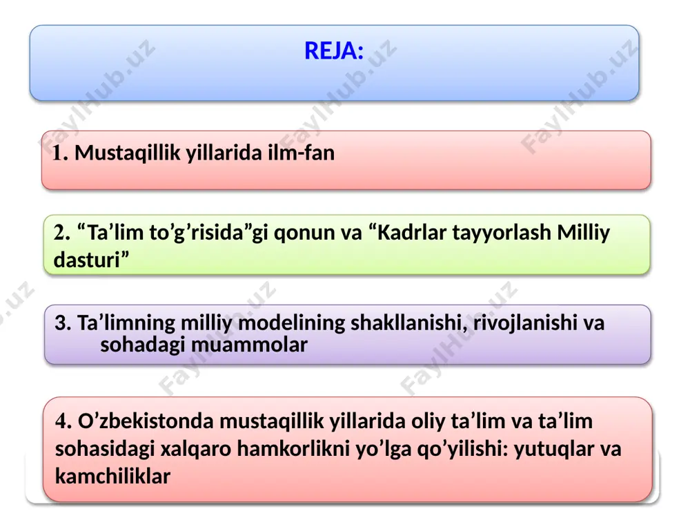 qo‘mitaga fan va texnologiyalarni rivojlantirishning ustuvor yo‘nalishlarini ishlab chiqish, akademik va oliy ta’lim muassasalari fani integratsiyalashuviga, ilmiy sohadagi xalqaro hamkorlikni rivojlantirishga ko‘maklashish kabi vazifalar belgilab qo‘yildi. 2008-yildan buyon toshkentda innovatsion g‘oyalar, texnologiyalar va loyihalar yarmarkasi o‘tkazib kelinmoqda. 2008–2015-yillar o‘tkazilgan i – viii yarmarkalar doirasida jami 4000 dan ortiq ishlanmalar taqdim etildi. 2008-yildan buyon umumiy qiymati 113 mlrd.so‘mdan ortiq bo‘lgan 3000 dan ziyod shartnomalar tuzildi. образец текста второй уровень третий уровень четвертый уровень пятый уровень 1 - reja innovatsion g‘oyalar, texnologiyalar va loyihalar respublika yarmarkasi 21.01.2024 7 arxeologiya fani sohasida ham ma’lum siljishlar bo‘ldi. jumladan, 2002-yildan «o‘zbekistonda arxeologik tadqiqotlar» yillik to‘plamlari nashr etilib, ularda respublikamiz hududida olib borilayotgan arxeologik tadqiqotlarning umumlashma ilmiy xulosalari berib boriladi. 2010-yildan esa «o‘zbekiston arxeologiyasi» ilmiy jurnali chop etila boshlandi. fanning boshqa yo‘nalishlaridagi olimlar ham yirik natijalarni qo‘lga kiritishmoqda. fanlar akademiyasi o‘simlik moddalari kimyosi instituti tomonidan tayyorlangan 10 jildlik «tabiiy birikmalar (o‘simlik zaxiralari, tuzilishi va xossalari)» nomli …