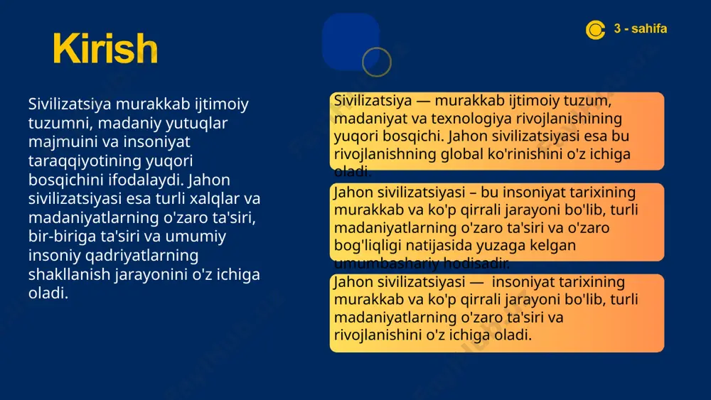 retsiya sivilizatsiyasi – demokratiya, falsafa (sokrat, platon, aristotel), olimpiya o‘yinlari, san’at va me’morchilik. rim sivilizatsiyasi – keng imperiya, huquqiy tizim, arxitektura (kolizey), lotin tili asosidagi tillar. o‘rta asr sivilizatsiyalari: islom sivilizatsiyasi – ilm-fan, tibbiyot, matematika, astronomiya rivojlangan; bag‘dod, kordova va buxoro kabi shaharlarda ilmiy markazlar bo‘lgan. vizantiya imperiyasi – sharqiy rim imperiyasi, pravoslav cherkovi va san’at markazi bo‘lgan. o‘rta asr sivilizatsiyalari: mayya, astek va inka sivilizatsiyalari – janubiy va markaziy amerikada, o‘ziga xos yozuv, taqvim, piramida me’morchiligi va qurbongohlar bilan mashhur. yangi davr sivilizatsiyalari: yevropa uyg‘onish davri – ilm-fan, san’at va madaniyatda katta yuksalish; leonardo da vinchi, mikelanjelo. industrial sivilizatsiya – xix-xx asrlarda sanoat inqilobi, texnologik taraqqiyot, urbanizatsiya. zamonaviy global sivilizatsiya – internet, texnologiyalar, ilmiy yutuqlar, madaniy va iqtisodiy aloqalarning kuchayishidir sivilizatsiyalar o‘rni va ta’siri: sivilizatsiyalar qulagan bo‘lsa ham, ularning merosi saqlanib qolgan: qonunlar (rim huquqi). yozuv va adabiyot (misr iyerogliflari, mezopotamiya mixxatlari). me’morchilik (piramidalar, kolizeylar). ilm-fan va madaniyat (islom …