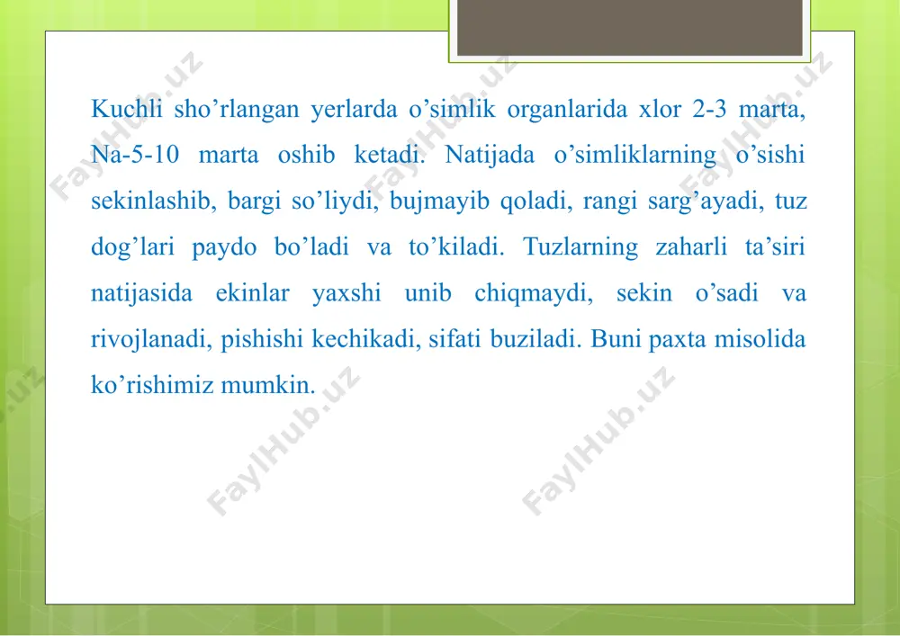 sho’r yuvish me’yori, m3/ga sho’r yuvish soni sho’r yuvish me’yori, m3/ga kuchsiz o’rtacha kuchli 1-2 2-3 3-4 2000-2500 3000-4000 4000-5000 1 1-2 2-3 1500-2000 2500-3000 3000-4000 zovurlar orasidagi masofaning kattaligi. sizot suv tuproqning mexanik tarkibi chuqurligiog’iro’rta engil 2-3 1-2 0-1 250- 300 200- 250 100- 150 300-400 250-300 150-200 400-600 300-400 200-300 zovurlarni samarali ishlashini aniqlash uchun zovur oqimi moduli aniqlab boriladi.zovur oqimi modulideb-bir gektar yerdan bir sekunddavomida zovur orqali chiqib ketayotgan suv miqdoriga aytiladi. e’tiboringiz uchun rahmat