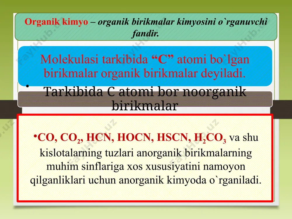 qilishi aniqlanadi. (f. kekule va a. kuper, 1858). rus olimi a. m. butlerov. izomeriya hodisasining mohiyatini birinchi bo'lib tushuntirib berdi (1864-yil) izobutilenni sintez qildi va uning polimerlanish reaksiyasini amalga oshirdi (1867-yil), bu bilan yuqori molekular birikmalar sinteziga asos soldi. 1861-yilda butlerov o`zining “tuzilish nazariyasini” taklif qildi va 5 qoidani kiritdi. tuzi lish naza riyasi 1. molekulada atomlar tartibsiz joylashgan emas balki ular bir – biri bilan o`z valentliklarga muvofiq xolda birikadi 4. modda molekulasidagi atomlar va atomlar gruppasi o`zaro bir – biriga ta`sir etib turadi. 5. kimyoviy reaksiyalarda modda molekulasini tashkil etgan barcha atomlargina emas balki ayrim atomlar yoki atomlar gruppasi ham ishtirok etadi. 2. moddaning xossalari uning molekulasi tarkibida qanday atomlar va qancha miqdorda bo`lishigagina emas balki ularning kimyoviy tuzilishiga ham bog`liq bo`ladi. kimyoviy tuzilishning bu qoidasi. izomeriya hodisasini tushuntirib beradi. 3. berilgan moddaning xossasini o`rganish natijasida uning kimyoviy tuzilishini, kimyoviy tuzilishini bilgan xolda uning xossalarini aytib berish mumkin …