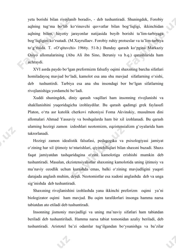lari ham tabiatdan beriladi deb tushuntiriladi. hamma narsa tabiat tomonidan azaliy beriladi, deb tushuntiradi. aristotel ba’zi odamlar tug‘ilgandan bo‘ysunishga va ba’zilar hukmronlik qilishlari tabiatdan belgilab beriladi, hatto bu narsa ularning tana tuzilishlarida ham namoyon bo‘ladi, deydi. bunday qarash musulmon dini vakillarida ayniqsa yaqqol ko‘zga tashlanadi. «taqdir azaliy,peshonada belgilanadi», «nima bo‘lsa taqdirdan» kabi iboralar insonning shakllanishi xudo tomonidan belgilab berilgan taqdirga bog‘liqligini ko‘rsatadi. markaziy osiyo allomasi ibn sino ham insonga biologik zot sifatida qaraydi, u inson mijozining shakllanishida tabiatning muhim o‘rin tutishini ta’kidlaydi. xix asrning ikkinchi yarmi va xx asr boshlarida biogenetiqlar (bolduin, chemberlen,stenli xol va boshqalar) bolaning psixik jihatdan o‘sishi zoologlar frits myuller (1821-1897) va ernest gekkel (1834-1919) lar tomonidan kashf qilingan biogenetik qonun asosida boradi degan fikrni shunday ta’riflaydi: «ontogenez filogenezni takrorlaydi». bu har bir organizm o‘zining embrional taraqqiyotida o‘zidan avvalgi barcha bosqichlarni takrorlaydi». bu har bir organizm o‘zining embrional taraqqiyotida o‘zidan avvalgi barcha tuxum-hujayra holatidan mukammal holatga yetgungacha …