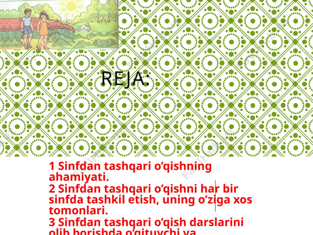 hikoya qilib berish bilim, ko’nikma va malakalar shakllantiriladi. bu sinf o’quvchilari uchun asosan rasmlarga boy kitoblar olinadi. o’qituvchi bolalarning his-tuyg’ularini o’stiradigan kitoblarni o’qib berish orqali mustaqil mamlakatimiz, uning go’zal shaharlari, qishloqlari, milliy urf-odatlari, qadriyatlari, o’tmishi, insonlarning orzu-istaklari bilan tanishtiriladi. ularda bilimga havas uyg’otadi. free powerpoint templates page ‹#› 2-sinfda o’quvchilar kichik hajmdagi asarlarni o’qituvchining yordami va topshirig’i asosida mustaqil o’qishga o’tadilar. bu sinfda 2 haftada bir marta sinfdan tashqari o’qish darsi o’tkaziladi. ona – vatan va ota-bobolar jasorati, o’simliklar, qushlar hamda hayvonlar haqidagi asarlarni o’qituvchi topib, tanlab o’quvchilarga o’qishga tavsiya etadi. 3 va 4-sinflarda sinfdan tashqari o’qish mashg’ulotlarida o’quvchilarning mustaqil o’qishlari uchun kishilarning hayoti, yorqin tasvirlangan, ularning ma’naviy-ahloqiy turmush tarzi aks ettirilgan badiiy va ilmiy-ommabop asarlar tavsiya etiladi. 3-4 sinflarda sinfdan tashqari o’qish darslari ikki haftada bir marta o’tkaziladi. bu sinflarda o’qituvchi sinf kutubxonasida kerakli bo’lgan o’quvchilar yoshiga mos kitoblarni to’plashni davom ettiradi. sinfdan tashqari o’qish burchagi turlicha bezalishi mumkin. …