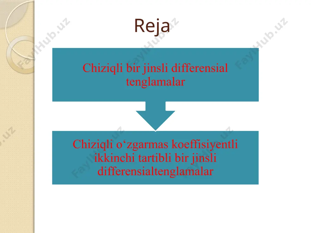englamaning berilgan boshlang’ich shartlarni qanoatlantiruvchi yagona yechimi mavjud bo‘ladi. ikkinchi tartibli chiziqli bir jinsli differensial tenglamalar. chiziqli bir jinsli differensial tenglamalar yechimlarining ba’zi xossalarini qarab chiqamiz. 1-teorema. agar va funksiyalar (2) chiziqli bir jinsli tenglamaning yechimlari bo‘lsa, u holda funksiya ham va o‘zgarmaslarning istalgan qiymatlarida bu tenglamaning yechimi bo‘ladi. isboti: funksiyani va uning hosilalari (2) tenglamaning chap qismiga qo‘yib, quyidagini hosil qilamiz: va funksiyalar (2) tenglamaning yechimlari bo‘lgani uchun kvadrat qavslardagi eng oxirgi ikkita ifoda nolga teng. ikkinchi tartibli differensial tenglamaning umumiy yechimi ikkita ixtiyoriy o‘zgarmas va ga ega bo‘lgani uchun quyidagi savol yuzaga keladi: yechim (2) tenglamaning umumiy yechimi bo‘lmasmikan? har doim ham shunday bo‘lavermasligini ko‘rsatamiz. masalan, tenglama har qanday boshlang’ich shartlarda mavjudlik va yagonalik teoremasining shartlarini qanoatlantiradi. bu tenglama va xususiy yechimlarga ega bo‘lishini tekshirib ko‘rish oson. biroq ularning chiziqli kombinasiyasi berilgan tenglamaning yechimi bo‘lsada, lekin umumiy yechim bo‘lmaydi. haqiqatan ham, boshlang’ich shartlarni qanoatlantiruvchi funksiya tenglamaning yechimi bo‘lishiga …