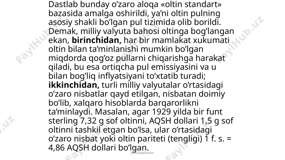 an foydalanilgan. iqtisodchilarning baholashicha 1894 yilda xalqaro to’lov oborotida oltin ulushi bor-yo’g’i 3,5 foizni tashkil etgan, ya’ni banklararo hisob-kitoblar asosan valyutalarda amalga oshirilgan. bu davrda buyuk britaniya yetakchi iqtisodiy va moliyaviy davlat bo’lgan va funt sterling oltin kabi xalqaro to’lovlarda erkin muomaladagi asosiy valyuta hisoblangan. shuningdek, aqsh dollari, frantsiya franki va boshqa rivojlangan mamlakatlarning pul birliklaridan ham keng foydalanilgan. milliy valyutalarni bir mamlakatdan boshqasiga «o’tib yurishi» ularga bo’lgan talab va taklifga, ular o’rtasidagi nisbatga ta’sir qilib turgan va natijada ularning bozor kursi yaratilgan. @mustaqilishlar milliy valyutalarning bozor kurslari oltin paritetdan oltinni to’lov uchun tashish bilan bog’liq bo’lgan transport harajatlari miqdorida farq qilgan. bunday farq unchalik sezilarli darajada bo’lmay nibsatan barqaror bo’lgan, shuning uchun ham valyuta kurslari amalda qayd etilgan hisoblangan @mustaqilishlar xalqaro valyuta jamgʻarmasi (qisqartmasi: xvj; ingl. international monetary fund, imf) xalqaro tashkilot boʻlib,makroiqtisodiy siyosat yurgizadi, butunjahon moliyaviy tizimini nazorat etadi. uning maqsadlariga xalqaro valyuta kurslarini barqarorlashtirish, iqtisodiy qoidalarni liberallashtirish[1] …