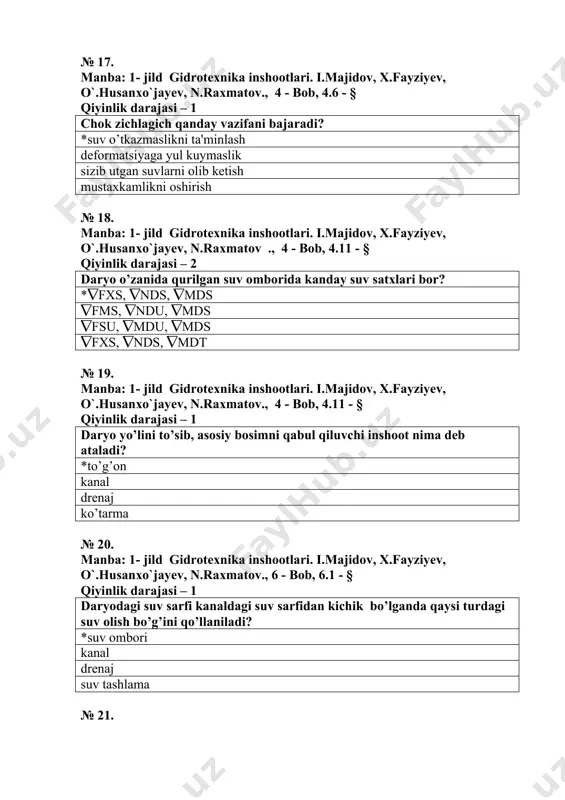 midan past atmosfеra bosimidan kup ikki atmosfеra № 26. manba: 1- jild gidrotexnika inshootlari. i.majidov, x.fayziyev, o`.husanxo`jayev, n.raxmatov ., 3 - bob, 3.2 - § qiyinlik darajasi – 2 egda usulida bir-biriga mos qo’yiladigan kattaliklar to’g’ri ko’rsatilgan javoblar tanlansin. *bosim (h), kuchlanish (i) filtratsiya koeffitsiеnti tok kuchi (i) suv sarfi (q) solishtirma elеktr o’tkazuvchanlik с bosim (h), tok kuchi (i) № 27. manba: 1- jild gidrotexnika inshootlari. i.majidov, x.fayziyev, o`.husanxo`jayev, n.raxmatov ., 3 - bob, 3.2 - § qiyinlik darajasi – 1 egda usulida qanday masalalar o’rganiladi? *filtratsiya turg’unlik mustaxkamlik sеysmika № 28. manba: 2- jild gidrotexnika inshootlari. i.majidov, x.fayziyev, o`.husanxo`jayev, n.raxmatov ., 9 - bob, 9.10 - § qiyinlik darajasi – 3 egri uchastkalarda suv olish inshooti qaysi qirg’oqda quriladi? *botiq qirg’oqda qavariq qirg’oqda qarama-qarshi qirg’oqda burilgan qirg’oqda № 29. manba: 2- jild gidrotexnika inshootlari. i.majidov, x.fayziyev, o`.husanxo`jayev, n.raxmatov ., 10 - bob, 10.2 - § qiyinlik darajasi – …