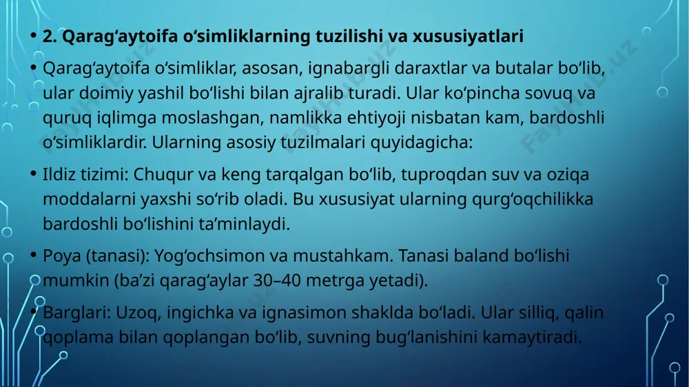 ga. ular: qurilish materiallari (uy, mebel, eshik, deraza) qog‘oz ishlab chiqarish (sellyuloza) yog‘och buyumlar (san’at va hunarmandchilik) tayyorlashda ishlatiladi. 2. dorivor xomashyo archa va kedrning smolasi, ignalari va yog‘i tibbiyotda: nafas yo‘llari kasalliklari terini davolash antiseptik vosita sifatida qo‘llaniladi. 3. atrof-muhitni obodonlashtirish qarag‘ay va archa ko‘chatlari shaharlar, bog‘lar, xiyobonlar, maktab va shifoxonalar atrofini obodonlashtirish uchun ekiladi. ular: dekorativ ko‘rinish beradi havoni tozalaydi shovqin va changni kamaytiradi 4. oziq-ovqat va kimyo sanoatida ba’zi qarag‘ay turlaridan efir moyi, smola, lak, terpenlar va boshqa texnik moylar olinadi. bu mahsulotlar oziq-ovqat va kimyo sanoatida xomashyo sifatida ishlatiladi. 5. qurg‘oqchil hududlarda meliorativ ahamiyatga ega saksovul va archa kabi o‘simliklar cho‘l hududlarda ekilib, eroziyani to‘xtatadi va yaylov sifatida xizmat qiladi. ularning ildizlari yer osti suvlari qatlamlarini mustahkamlab, ekologik barqarorlikni ta’minlaydi. 7. xulosa qarag‘aytoifa o‘simliklar tabiat va inson hayotida beqiyos o‘rin tutadi. ularning o‘ziga xos tuzilishi, ekologik bardoshliligi va keng tarqalganligi ularni muhim biologik resursga aylantirgan. ushbu …