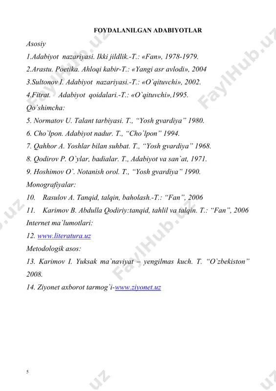 ri: 12. www.literatura.uz metodologik asos: 13. karimov i. yuksak ma`naviyat – yengilmas kuch. t. “o`zbekiston” 2008. 14. ziyonet axborot tarmog`i-www.ziyonet.uz page - 1 -