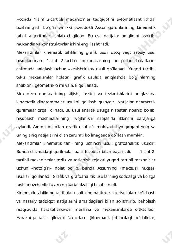 adi. «kesishtirish» orqali c va d nuqtalarining (4-shakl) holatlari aniqlanadi. hosil bo`lgan nuqtalar tutashtirilib, d nuqtaning traektoriyasi chiziladi. 4-shakl. krivoship-polzunli mexanizmning ketma-ketlik holatlari rejasi. mexanizm nuqtalarining traektoriyalari boshlang`ich bo`g`inni bir xil burchakka aylanishida c va d nuqtalarining siljishi har xil ekanligini, ya`ni nuqtalar notekis harakatlanishini ko`rsatib turibdi. iv. kinematik diagrammalar mexanizmlar kinematik xarakteristikalarining grafik tasviri hisoblanadi kinematik diagrammalarga quyidagilar kiradi: a) kg`chish (siljish) diagrammasi, s=s(t) b) tezliklar diagrammasi, v=v(t) v) tezlanishlar diagrammasi, a=a(t) kinematik diagrammalar o`zaro bog`langan. ulardan biri ma`lum bo`lsa, qolganlarini topish mumkin. nuqtalar harakat traektoriyalari bo`ylab doimo ilgarilanma-qaytma harakatlanishi mumkin. ilgarilanma harakatlanuvchi nuqta uchun yo`l, ilgarilanma-kaytma harakatlanuvchi nuqta uchun oraliq grafiklari quriladi. krivoship-polzunli mexanizmning ketma-ket vaziyatlari rejasidagi c nuqtaning chetki c0 holatidan o`lchangan masofa diagrammasini kuramiz. 5-shakl. аbstsissa o`qiga krivoshipning aylanish burchagiga proportsional bo`lgan teng qismlarini, ordinatalarga s nuqta masofalarini qo`yamiz. 6-shakl. аgarda grafik kichik bo`lsa, hamma ordinatalarni «c» marta (c=2,3,4..) kattalashtirish mumkin. аksincha grafik katta bo`lsa, ordinatalarni …