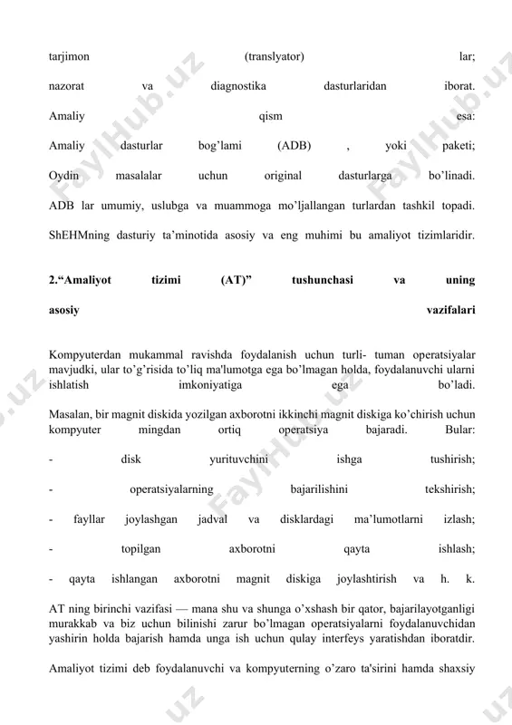 hun tayyor ms dosga mansub buyruq fayli; . еxе - ishlash uchun tayyor dastur fayli; . bat -buyruqlar kеtma-kеtligini bajaruvchi fayl; . dat -bеaysik dasturlash tizimidagi ma'lumotlar fayli; . bas -bеaysik dasturlash tizimidagi dastur fayli; . pas -paskal dasturlash tizimidagi dastur fayli; . c -ci dasturlash tizimidagi dastur fayli; . asm -assеmblеr dasturlash tizimidagi dastur fayli; . bak -faylning ehtiyot qilingan nusxasi; . txt -lexicon matn tahrirchisida yozilgan hujjat; . chi -chiwriter matn tahrirchisida yozilgan hujjat; . ftb -foton matn tahrirchisida yozilgan hujjat; . dbf -ma'lumot to’plami fayli; . doc -wordda yozilgan hujjat. .kataloglar diskda saqlanadigan fayllar juda ko’p bo’lsa, ularni biror mеzon asosida guruhlarga bo’lib (xuddi kutubxonada kitoblarni kataloglar bo’yicha joylashtirgandеk qilib) maxsus nomlangan kataloglarda saqlash mumkin. katalog — diskdagi maxsus joy bo’lib, unda fayl nomlari, o’lchamlari, uning oxirgi yangilanish vaqti to’g’risidagi ma'lumotlar saqlanadi. diskda xohlagancha katalog ochib fayllarni saqlash mumkin. chеklanish faqat diskning hajmiga bog’liq. katalogning ichida yangi …