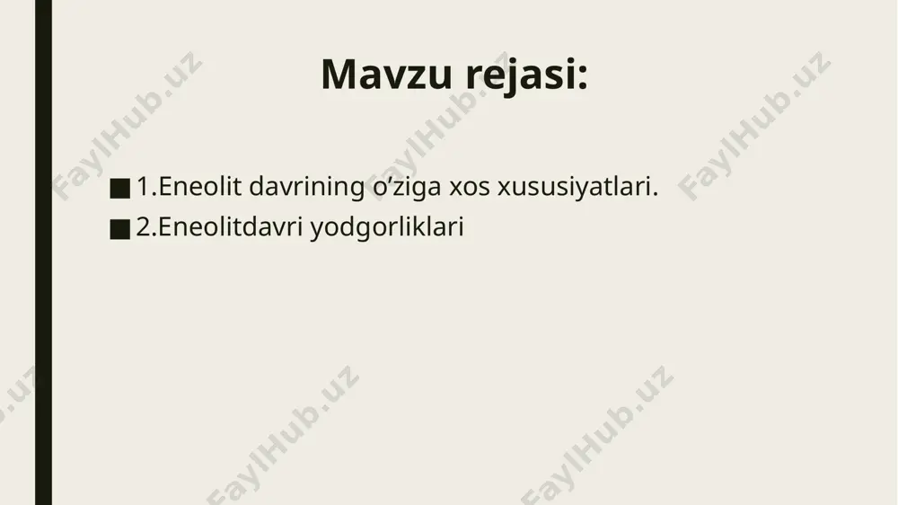 bu ibodatxona bo‘lib, ular bu yerda olovga sig’inishgan. eneolitning so‘nggi bosqichida qishloqlar hududi kengayadi va ko‘p xonali uylarning soni oshadi. ularda dahlizlar va hovlilar vujudga keladi. hovlilarni birlashtiruvchi tor ko‘chalar rasmiylashgan va ularning hammasi qishloqning markazidagi maydonga chiqqan. har bir uyda xo‘jalik kompleksi—omborxonalari bo‘lgan. so‘nggi bosqichda qishloqlar yiriklashib, shaharlar qiyofasiga o‘ta boshlagan. shu jihatini inobatga olib, arxeologlar uni shaharlargacha (protogorod) bo‘lgan davr madaniyati belgilari deb hisoblaydilar. eneolit davrida mehnat qurollari asosan toshdan, hayvon suyaklaridan va qisman misdan yasalgan. mis mehnat qurollari mavjud bo‘lganligi eng qadimgi mehnat qurollarini ximiyaviy analiz qilish asosida isbotlandi. dastlabki mis qurollar sof misdan yasalgan. odamlar dastlab misni toshning bir turi deb, sovuq holda ishlov berganlar. mis qurollari yumshoq va egiluvchan bo‘lganligi sababli tosh qurollarni siqib chiqara olmagan. eneolit davridagi mehnat qurollari asosan dehqonchilik xo‘jaligi bilan bog’liq edi. bu qurollar chaqmoqtoshdan ishlangan qistirma o‘roq, pichoq, o‘roq randa, qirg’ich, bigiz, yorg’uchoq, ketmoncha va boshqalar bo‘lgan. misdan bigiz, igna, …