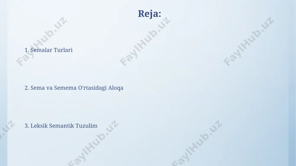 arning oʻzaro munosabatlari ierarxik tuzilmani hosil qiladi. semantik maydonlarning chegaralari aniq emas va ular bir-biri bilan qisman kesishishi mumkin, masalan, "hayvonlar" va "uy hayvonlari" maydonlari o'rtasidagi munosabatlarni ko'rib chiqing. semalarning xususiyatlari va funksiyalari sema funktsiyalari so'zlarning ma'noviy aloqalarini aniqlash, sinonimlarni tasniflash va polisemiya holatlarini tahlil qilishda muhim ahamiyatga ega. semantikadagi 3 tadan ortiq sema bir sememaning ma'nosini to'liq aks ettirishi mumkin, bunday holatda ular o'zaro hamkorlikda ishlaydi va ierarxik tartibda joylashadi. leksikal-semantik tuzilma: kirish semalar soni soʻzning maʼno murakkabligiga bogʻliq boʻlib, oddiy soʻzlarda 2-3, murakkab soʻzlarda esa 5-7 va undan ortiq sema boʻlishi mumkin. semantik analizda soʻz maʼnosini tarkibiy qismlarga – semalarga ajratish orqali, leksik birliklar oʻrtasidagi munosabatlarni aniqlash mumkin, bu esa semantik maydonlarni tuzishga yordam beradi. e'tiboringiz uchun rahmat @taqdimot_robot image4.png image5.jpg image6.jpg image7.jpg image8.jpg image9.jpg image10.jpg image11.jpg image3.jpeg