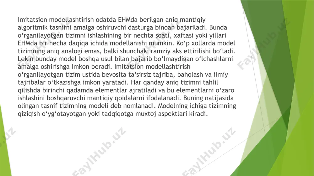 odellashtirishning asosiy jarayonida quyida matlab dasturing simevents da ko’rsatilgan bloklardan foydalanish zarur: talablarni hosil qiluvchi qurilma- simevents bloklar kutubxonasidagi generators → entity generators bloklar guruhidan « time-based entity generator » bloki; talablarni navbatga qo’yuvchi qurilma – simevents bloklar kutubxonasidagi queues bloklar guruhidan «fifo queue» bloki; xizmat ko’rsatuvchi qurilma – simevents bloklar kutubxonasidagi servers bloklar guruhidan «single server» bloki; talablarni qabul qiluvchi qurilma - simevents bloklar kutubxonasidagi simevents sinks guruhidan «entity sinks» bloki; xizmat ko’rsatuvchini boshqaruvchi qurilma - simevents bloklar kutubxonasidagi generators →signal generators bloklar guruhidan «event-based random number» bloki; displey – simulink bloklar kutubxonasidagi sinks guruhidan «display» bloki. 1-rasm. simevents bloklar kutubxonasida yaratilgan oxkt ni modeli talablarni hosil qiluvchi qurilma talablarni kelib tushish intervali eksponensial taqsimotiga bo’ysinuvchi talablarni hosil qilishi lozim, buning uchun «time-based entity generator» blokini «distribution» parametrini exponential ga sozlash talab etiladi. xizmat ko’rsatuvchi qurilma talablarga xizmat ko’rsatish vaqti eksponensial taqsimotiga bo’ysinishi kerak, buning uchun xizmat ko’rsatuvchini boshqaruvchi …