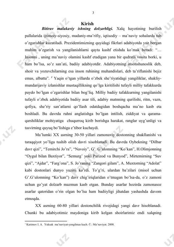 ’zbek davlati”, y. eshbekning ”ona turkiston”, m. toirning ”otamning o’kinchi”, ”ogoh bo’l, dunyo”, a.yo’ldoshevning ”qiyshiq poydevor qurbonlari”, faxriyorning ”ayolg’u”, e.shukurning ”naqshband”, k.avazning ”ogahiy” singari turli mavzu va yo’nalishdagi dostonlar dunyo yuzini ko’rdi. bu asarlarda shoirlarimiz, yurtboshimiz o’rinli ta’kidlaganiday: ”xalqimiz qalbini, uning oliy maqsadlari, bugungi hayoti, taqdiri va kelajagini yaqindan biladigan insonlar sifatida” ko’rinadi . xalq dostonchiligi an’analari, jahon poemachiligi va zamonaviy dostonchligimizning eng yaxshi yutuqlari ruhida yozilgan bu dostonlar janrning yangi-yangi ko’rinishlarini vujudga keltirdi. natijada poema janr tipologiyasida mazmun va sifat o’zgarishlari kechdi. adabiyotshunosligimizda lirik va dramatik dostonlar u yoki bu shoir ijodiga munosabat jarayonida o’rganilgan. biroq hozirgacha istiqlol davrida yaratilgan poemalarning tabiatini ochib beruvchi, o’ziga xos xususiyatlarini, badiiyatini, uslubiy imkoniyatlarini ko’rsatib beruvchi yaxlit ilmiy tadqiqot yaratilmagan. shu ehtiyojdan kelib chiqib, istiqlol davrida yozilgan bu dostonlarning o’ziga xos rivojlanish xususiyatlatini, ichki mavzuviy turlarini, badiiyati masalasini o’zaro bog’liqlikda maxsus tadqiq etish bitiruv malakaviy ishning dolzarbligini belgilaydi. mavzuning o’rganilish darajasi. o’zbek adabiyotshunosligida …