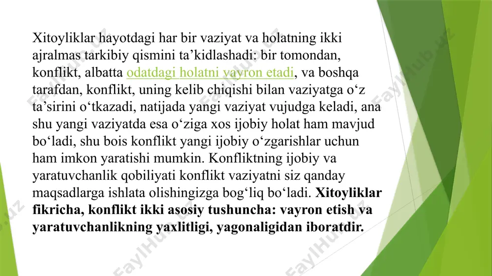 tadi; o‘z fikr va o‘ylaringizga aniqlik kiritishga va o‘z pozitsiyasini qayta ko‘rib chiqishga majbur qiladi. konfliktning vayron qilish imkoniyati: konflikt kuyidagi hollarda vayron etish imkoniyatiga ega bo‘ladi: konflikt yechimi topilmasa va uni boshqarish imkoniyati boy berilsa; g‘azab, jahl, dilsiyohlik, hafagarchilik, nafrat va qasos xislarining kelib chiqishiga sabab bo‘lganda; juda qattiq stressga olib kelganda; odamlar o‘rtasida uzoq muddatli nizo va ixtilof vujudga keltirganda; pashshadan fil yasab, kichkina muammoni katta mojaroga aylantirganda; zo‘ravonlik va urushga sabab bo‘lganda. afsuski, hayotda ko‘pchilik hollarda konflikt zo‘ravonlik bilan tugaydi. chunki ko‘pchilik konfliktlarning asl mazmuni va mohiyati bo‘yicha maxsus bilimlarga ega emas. konfliktlar bo‘yicha odamlar orasida turli stereotiplar mavjud. bu holatlar konfliktlarning asl mazmuni va mohiyatini, inson hayotida tutgan o‘rnini to‘g‘ri baholamaslik va bilmaslik oqibatida ro‘y beradi. ana shunday stereotiplardan, ongimizga o‘rnashib qolgan noto‘g‘ri tushunchalardan ba’zilarini ko‘rib chiqadigan bo‘lsak, konfliktlar mazmunini yanada oydinroq tasavvur etgan bo‘lamiz. stereotiplar, ongimizga o‘rnashib qolgan ba’zi noto‘g‘ri tushunchalar: 1.konflikt abadiydir, u har …