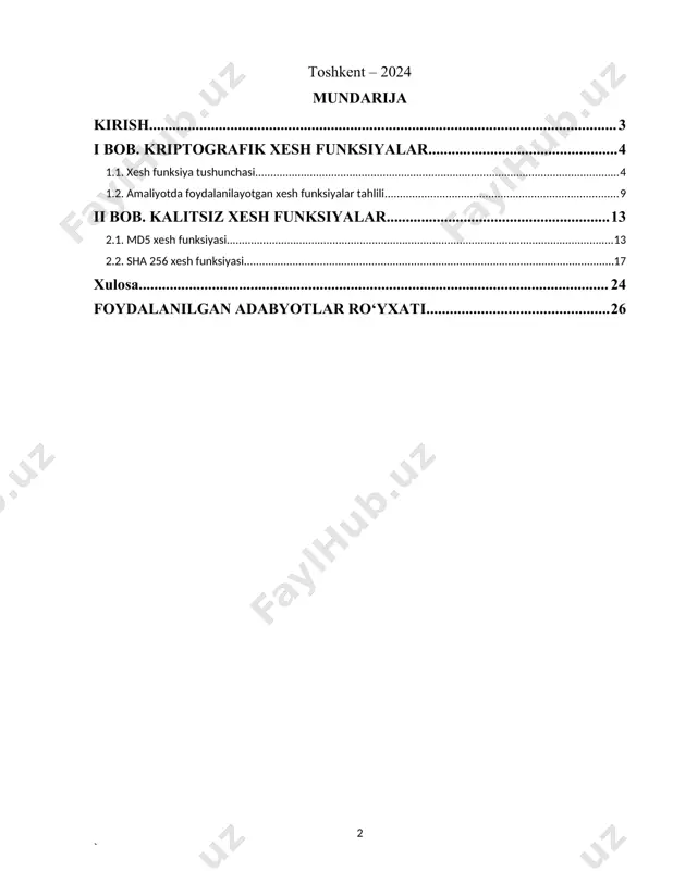 (preimage) xurujlariga qarshi chidamli. mazkur kurs ishida biz sha-256 algoritmini tahlil qilamiz va uning ishlash prinsiplarini batafsil o'rganamiz. algoritmning matematik asoslari, blok sxemalari va algoritmning turli bosqichlari ko'rib chiqiladi. shuningdek, sha-256 algoritmining dasturiy ta'minotini ishlab chiqish va amalga oshirish bo'yicha amaliy masalalar ko'rib chiqiladi. dasturiy ta'minotni ishlab chiqish jarayonida algoritmni turli xil dasturlash tillarida kodlash va optimallashtirish usullari tahlil qilinadi. ushbu kurs ishining maqsadi sha-256 algoritmini chuqur tahlil qilish va uni dasturiy ta'minot sifatida ishlab chiqish orqali axborot xavfsizligini ta'minlashda qanday foydalanish mumkinligini ko'rsatishdir. bu mavzuni o'rganish nafaqat nazariy bilimlarni oshirishga, balki amaliy ko'nikmalarni rivojlantirishga ham yordam beradi. umid qilamizki, bu ish kelajakda axborot xavfsizligi sohasida ishlaydigan mutaxassislar uchun foydali bo'ladi. i bob. kriptografik xesh funksiyalar 1.1. xesh funksiya tushunchasi xesh-funksiya - bir taraflama, ya’ni qandaydir axborot bloki yoki xabarni, “barmoq izlari” fayli yoki daydjestni olishga mo‘ljallangan funksiya. xesh-qiymat h funksiyasi orqali hisoblanadi: h=h(m). bu yerda m - ixtiyoriy uzunlikdagi …
