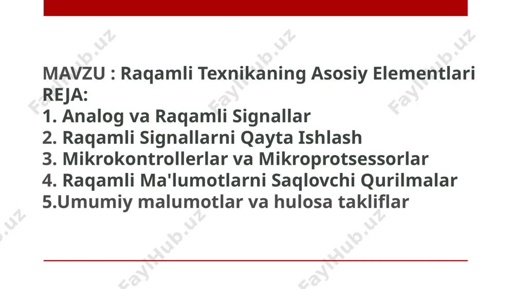 amli texnikaning asosiy elementlari hisoblanadi. mikroprotsessor - bu faqat arifmetik va mantiqiy amallarni bajaruvchi yagona mikroskopik yig'ma, mikrokontroller esa unga xotira, kiritish/chiqarish va dasturlash qobiliyati qo'shilgan qurilma. raqamli ma'lumotlarni saqlovchi qurilmalar qattiq disk qattiq disklar - bu katta hajmdagi raqamli ma'lumotlarni saqlashning eng ko'p tarqalgan vositasi. ular kompyuter, smartfon va boshqa qurilmalarda keng qo'llaniladi. usb fleshka usb fleshkalar - bu yengilroq va portativ raqamli ma'lumotlar saqlash qurilmalari. ular tez-tez ko'chirib olinishi va olib yurilib ishlatilishi mumkin. ssd disklar ssd disklar - bu yangi avlod raqamli ma'lumotlar saqlash qurilmalari. ular tezkor, shov-shuvlari kam va quvvat sarfi past bo'ladi. simsiz aloqa texnologiyalari bluetooth bluetooth - bu yaqin masofalardagi simsiz aloqa texnologiyasi. u qurilmalarni, masalan, eshitish qurilmalari va smartfonlarni bir-biriga ulash imkonini beradi. wifi wifi - bu lokal tarmoqlar uchun ishlatiluvchi simsiz aloqa texnologiyasi. u internet yoki boshqa qurilmalar bilan bog'lanish imkonini beradi. 5g 5g - bu zamonaviy simsiz aloqa texnologiyasi bo'lib, u …
