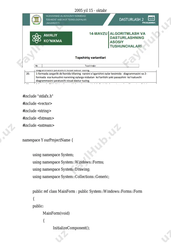 >autosize = true; this->labeltitle->location = system::drawing::point(48, 20); this->labeltitle->name = l"labeltitle"; this->labeltitle->size = system::drawing::size(60, 13); this->labeltitle->tabindex = 2; this->labeltitle->text = l"graph title"; // // labeldescription // this->labeldescription->autosize = true; this->labeldescription->location = system::drawing::point(48, 253); this->labeldescription->name = l"labeldescription"; this->labeldescription->size = system::drawing::size(91, 13); this->labeldescription->tabindex = 3; this->labeldescription->text = l"graph description"; // // mainform // this->autoscaledimensions = system::drawing::sizef(6, 13); this->autoscalemode = system::windows::forms::autoscalemode::font; this->clientsize = system::drawing::size(384, 311); this->controls->add(this->labeldescription); this->controls->add(this->labeltitle); this->controls->add(this->pictureboxgraph); this->controls->add(this->buttonshowgraph); this->name = l"mainform"; this->text = l"graph display"; (cli::safe_cast (this- >pictureboxgraph))->endinit(); this->resumelayout(false); this->performlayout(); } #pragma endregion private: system::void buttonshowgraph_click(system::object^ sender, system::eventargs^ e) { // grafikning o'lchamini aniqlash uchun foydalaniladigan sonlar // misol uchun yillar va narxlar olish uchun ma'lumotlar olish std::vector years; std::vector prices; // yillar va narxlarni fayldan olish std::ifstream file("data.txt"); if (file.is_open()) { std::string line; while (std::getline(file, line)) { std::istringstream iss(line); int year, price; if (iss >> year >> price) { years.push_back(year); prices.push_back(price); } } file.close(); } // grafikni yaratish drawgraph(years, prices); } void …