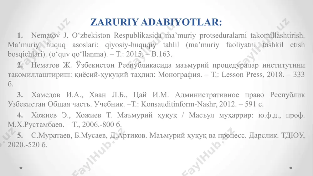 viy boshqaruv organi tomonidan qabul qilingan maʼmuriy aktga, davlat xizmatchisining noqonuniy hatti-harakatlariga nisbatan jismoniy va yuridik shaxs tomonidan oʼz subʼektiv ommaviy huquqlarini taʼminlash maqsadida shikoyat qilinishi natijasida yuzaga keladigan, hal qilinishi mazkur organ rahbariyati yoki yuqori turuvchi organlari vakolatiga taalluqli boʼlgan maʼmuriy organ faoliyatida adolat va qonuniylikni taʼminlashga qaratilgan jarayondir. yurisdiktsiyaviy maʼmuriy protsess – bu jismoniy va yuridik shaxslarning huquqlari, erkinliklari ham qonuniy manfaatlarini himoya qilish, shuningdek jamoat tartibi va jismoniy va yuridik shaxslarni qonunga hurmat ruhida tarbiyalashga qaratilgan ommaviy boshqaruv organlarining qonuniy faoliyatidir. маъмурий бошқарув процесси қуйидаги хусусиятларга эга: бошқарув-ҳуқуқий табиатга эга; давлат ҳокимияти ижро этувчи бўғинини амалга оширишнинг юридик шакли ҳисобланади; асосан ижро этувчи ҳокимият органлари томонидан амалга оширилади; маъмурий ҳуқуқ моддий меъёрларининг амалда татбиқ этилишини таъминлайди. e'tibor uchun katta raxmat image11.png image12.png image13.png image14.emf image9.jpeg маъмурий процесснинг икки тури мавжуд: маъмурий-бошқарув процесси маъмурий-юстициявий процесс /docprops/thumbnail.jpeg