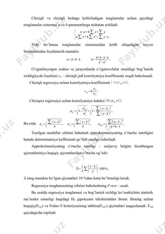 hisoblashlarni amalga oshirish uchun quyidagi ishchi jadvalini tuzamiz: y x yx x2 y2 ai,% 1 736 49 36064,00 541696,00 2401,00 336,91 399,09 2 197 35 6895,00 38809,00 1225,00 332,32 -135,32 3 254 41 10414,00 64516,00 1681,00 334,29 -80,29 4 112 39 4368,00 12544,00 1521,00 333,63 -221,63 5 145 43 6235,00 21025,00 1849,00 334,94 -189,94 6 176 41 7216,00 30976,00 1681,00 334,29 -158,29 7 50 42 2100,00 2500,00 1764,00 334,62 -284,62 8 76 39 2964,00 5776,00 1521,00 333,63 -257,63 9 44 47 2068,00 1936,00 2209,00 336,26 -292,26 10 81 35 2835,00 6561,00 1225,00 332,32 -251,32 11 40 45 1800,00 1600,00 2025,00 335,60 -295,60 12 73 43 3139,00 5329,00 1849,00 334,94 -261,94 13 41 46 1886,00 1681,00 2116,00 335,93 -294,93 14 30 37 1110,00 900,00 1369,00 332,98 -302,98 jami 2055,00 582,00 89094,00 735849,00 24436,00 4682,66 -2627,66 0,00 o’rtacha qiymat 293,57 83,14 12727,71 105121,29 3490,86 668,95 -375,38 0,00 σ 665,76 188,55 x x …