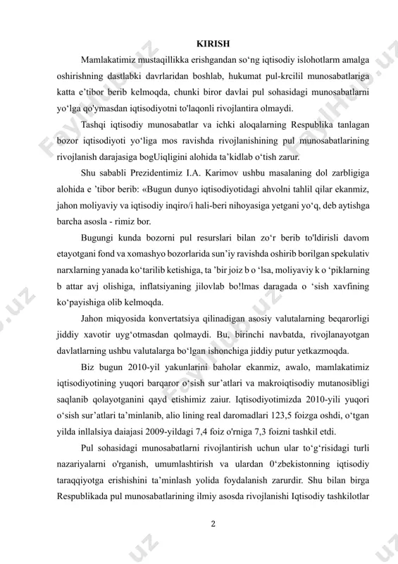 ildagi 7,4 foiz o'rniga 7,3 foizni tashkil etdi. pul sohasidagi munosabatlarni rivojlantirish uchun ular to‘g‘risidagi turli nazariyalarni o'rganish, umumlashtirish va ulardan 0‘zbekistonning iqtisodiy taraqqiyotga erishishini ta’minlash yolida foydalanish zarurdir. shu bilan birga respublikada pul munosabatlarining ilmiy asosda rivojlanishi iqtisodiy tashkilotlar va xalqaro moliya institutlari bilan o'rnatiladigan munosabatlarning keng qamrovliligini belgilashda katta ahamiyatga egadir. 1. qog‘oz pullarning paydo bo‘lishi va dastlabki bosqichlari pul kelib chiqishining evolutsion konsepsiyasiga ko‘ra, ular ijtimoiy mehnat taqsimoti, ayirboshlash, tovar ishlab chiqarishning rivojlanislii natijasida vujudga kelgan. qiymat shakllari va ayirboshlash rivojlanishining tarixiy jarayonini tadqiq qilish orqali tovarlar umumiy olarni ichidan pul rolini bajaruvchi alohida tovarning ajralib chiqishini tushunish mumkin. bir tovarning qiymati uni boshqa bir tovarga ayirboshlash orqali aniqlanadi (t—t). bir qarashda ayirboshlash bitimida har ikkala tovar ham bir xil rol o‘ynaydigandek ko‘rinadi. aslida esa ulaming roli turlichadir. bir tovar o ‘z qiymatini boshqa tovarga nisbatan ifodalaydi. ikkinchi tovar esa birinchi tovarning qiymatini o‘zida ifodalab, ekvivalent rolini …