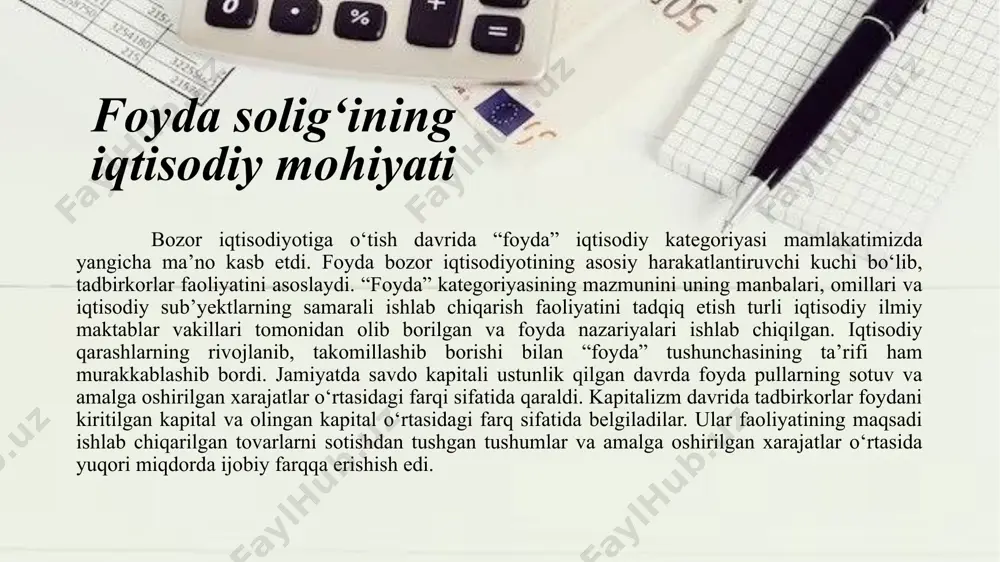 ko`rinishdagi soliqlar to`laydigan yuridik shaxslar ham mavjud (aylanmadan soliq). yuridik shaxslardan olinadigan foyda solig’ining fiskallik xususiyatiga nisbtan rag’batlantiruvchi holatini amalda ta’minlanayotganligini ko’rish mumkin.. ushbu o’zgarish xo’jalik yurtuvchi sub’yektlar ixtiyoridagi foyda miqdorini oshirib ularga quyidagi imkoniyatlarni taqdim etadi: ichki investitsion faollikni kuchaytirish; soliq yuki kamayish; soliq yuki kamayishi natijsida yashirin daromadlarni legallashtirish ; yuridik shaxslardan olinadigan foyda solig’ini tushumlari miqdori keyingi yillarda muntazamligini saqlab qolmoqda. yuridik shaxslardan olinadigan foyda solig’ini bo’yicha o’zgarishlarning ijobiy natijasini, davlat budjeti daromadlarini shakllantirishdagi ahamiyatida ko’rishimiz mumkin. soliq solish maqsadida yuridik shaxs deb quyidagilar e’tirof etiladi: o‘zbekiston respublikasining qonun hujjatlariga muvofiq tashkil etilgan, o‘z mulkida, xo‘jalik yuritishida yoki operativ boshqaruvida alohida mol-mulkka ega bo‘lgan hamda o‘z majburiyatlari yuzasidan ushbu mol-mulk bilan javob beradigan, mustaqil balansiga yoki smetasiga ega bo‘lgan, o‘z nomidan mulkiy va shaxsiy nomulkiy huquqlarga ega bo‘la oladigan hamda ularni amalga oshira oladigan, majburiyatlarni bajara oladigan, sudda da’vogar va javobgar bo‘la oladigan tashkilot chet davlatning qonun …