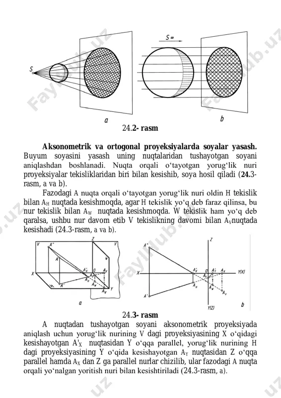 oyeksiyasining x o‘qidagi kesishayotgan a'x nuqtasidan y o‘qqa parallel, yorug‘lik nurining h dagi proyeksiyasining y o‘qida kesishayotgan ay nuqtasidan z o‘qqa parallel hamda ax dan z ga parallel nurlar chizilib, ular fazodagi a nuqta orqali yo‘nalgan yoritish nuri bilan kesishtiriladi (24.3-rasm, a). epyurda nuqtaning proyeksiyalar tekisliklaridagi soyalari yorug‘lik nurlarining h va v dagi proyeksiyalari orqali aniqlanadi. tanlab olingan yorug‘lik nurining proyeksiyalaridan qaysi biri oldin z o‘qda kesishsa, soyaning h dagi proyeksiyasi aniqlanadi. bu yerda ax dan y o‘qqa parallel chizilib, ah aniqlanadi. ay nuqta ikkinchi y o‘qqa olib o‘tilib, birinchi y o‘qqa parallel chiziladi va aw topiladi. a' dan yo‘nalgan yorug‘lik nurining x o‘q bilan kesishgan ax nuqtasidan y o‘qqa parallel chizilib, av nuqta aniqlanadi (24.3- rasm, b). arxitektura-qurilish chizmalarida binolar va turli obyektlarning aksonometrik va ortogonal proyeksiyalarida shaxsiy va tushuvchi soyalarini yasashda, asosan, parallel yoritishdan foydalaniladi. yorug‘lik nurining yo‘nalishini aksonometrik va ortogonal proyeksiyalarda kubning diagonallaridan biriga parallel qilib olish …