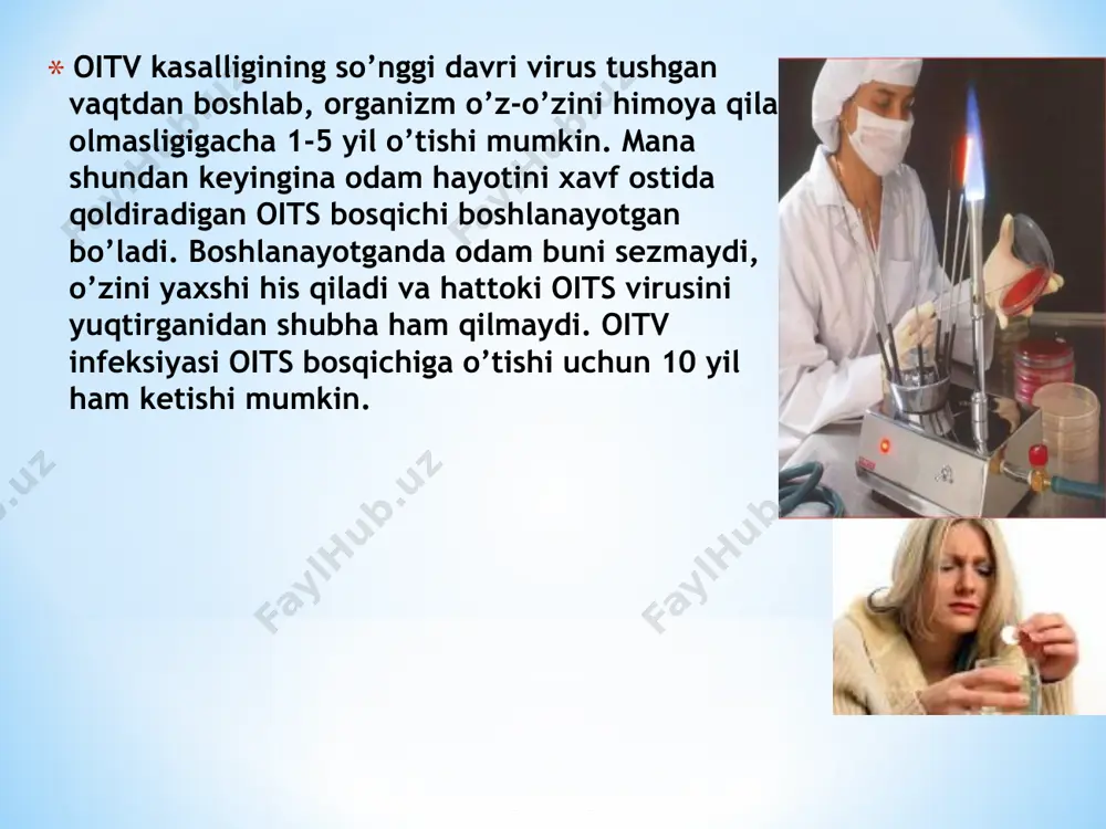 langan asboblardan, yangi 1 martalik shpris, sistemalardan foydalanish; qon quydirishda donor qonni oitsga tekshirtirish. oits nafaqat shifokorlar va sog’liqni saqlash xodimlari muammosi, balki ko’pgina soha olimlari, davlat arboblari, iqtisodchilar, yuristlar va sotsiologlar muammosi hamdir. har bir inson o’zi va atrofdagilar uchun ham oits tarqalishining oldini olish maqsadida bu kasallik haqida bilishi hamda ehtiyotkorlik choralarini qollashi lozim. hozirgi kunda respublikamizda oits ga qarshi kurashish maqsadida 15 ta oits markazlari, 100 dan ortiq diagnostika laboratoriyalari, 220 dan ortiq “ishonch xona”lari faoliyat ko’rsatmoqda. har bir inson yoshi, jinsi, yashash joyi, ijtimoiy kelib chiqishi yoki boshqa xususiyat va omillaridan qat’iy nazar oits virusini yuqtirishi mumkin. bularning barchasi insonning o’ziga, xulqiga bog’liq! muhabbat baxtli bolalik oila do’stlar bularning barini yo’qotish mumkin!