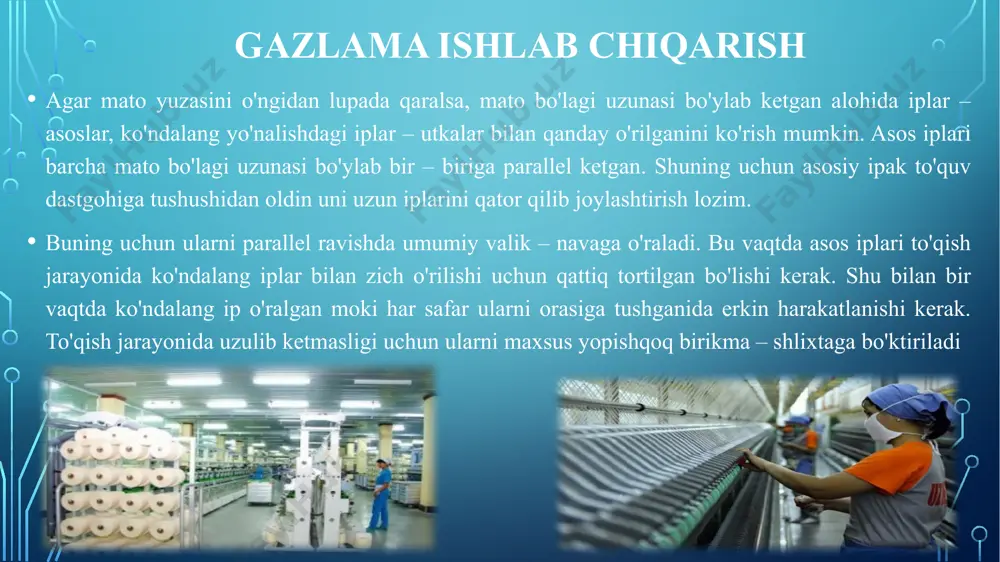 dan kechirmoqda, biroz bo’lsada, bu soha samarqand shahrida rivoj topgan. 2024 yilgacha ayrim turdagi gazlama va matolar import bojidan ozod qilindi prezident 20 oktabr kuni «raqobatbardosh mahsulotlar ishlab chiqarishni yanada kengaytirish chora-tadbirlari to‘g‘risida»gi qarorni imzoladi. hujjatga muvofiq, 2024 yil 1 yanvargacha, jumladan, quyidagi ayrim turdagi xomashyo va yarim tayyor mahsulotlarga import bojxona boji «nol» stavkada qo‘llaniladi: sun’iy mo‘yna; zig‘irpoya tolasidan to‘qilgan gazlamalar; sun’iy tolalardan tayyorlangan gazlamalar; shisha iplar; shisha tolali matolar va boshqalar. avvalroq, hukumat qarori bilan 2022 yil 1 maygacha banan, plantaynlar, anjir, ananas, avokado, mango, guayyava, mangostan, olma, nok, kivi va boshqa sitrus mevalar bojxona bojidan ozod qilingan edi. e’tiboringiz uchun rahmat!!! image2.png image3.jpeg image4.png image5.png image6.png image7.png image8.jpeg image9.png image10.png image11.jpeg image12.png /docprops/thumbnail.jpeg