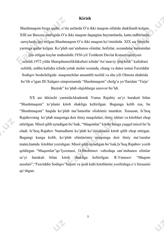 ari va boshqalar shashmaqom ta’sirida rivojlandi. o’tgan zamon bastakorligida keng qo’llanilgan amal, kor, naqsh, peshrav, savt, tarona, qavl kabi janrlarning noyob namunalari shashmaqom tarkibidabizgacha yetib keldi.shashmaqom buzruk, rost, navo, dugoh, segoh va iroq maqomlaridan tashkil topgan bo’lib, jami 250 dan ortiq har xil shakldagi kuy va ashula namunalaridan iborat. shu kunga qadar sozanda, hofiz va bastakorlar maqom yo’llarining ko’plab ijroviy talqinlarini kashf etdilar.ovoz, tanbur, surnay, dutor va boshqa maqom yo’llarida bir qismli va turkumli asarlar ijod qildilar, ular asosida yangi kuy va ashulalar yaratdilar. shashmaqomni tashkil etgan maqomlarning har biri ikki — cholg’u (mushkilot) va ashula (nasr) yirik bo’limlaridan iborat. cholg’u bo’limlarida bir xil nom bilan ataluvchi cholg’u qismlari mavjud bo’lib, ohanglari o’zlari mansub bo’lgan maqom kuyiga xos, doira usullari esa bir xildir. ulardan asosiylari tasnif, tarje’, gardun, muhammas va saqil deb ataladi. bu qismlar maqom nomlariga qo’shib (masalan, tasnifi buzruk, tarje’ dugoh, garduni segoh kabi), ayrimlari esa bastakorlar nomi …