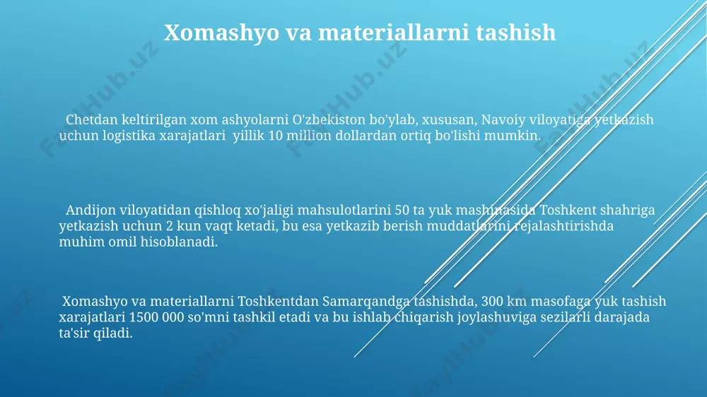 роли кескин ошди, бу эса халқаро товар айланишини 30% га оширди. транссиб магистрали каби трансконтинентал темир йўлларнинг ривожланиши европа ва осиё ўртасидаги транспорт харажатларини 15% гача камайтириб, савдо ҳажмини оширди. transport xarajatlarini optimallashtirish самарқанддаги завод учун хомашё етказиб беришда, 50 км радиусдаги етказиб берувчилар билан ҳамкорлик қилиш транспорт харажатларини 20% гача оптималлаштириши мумкин. андижондан россияга экспорт қилинаётган маҳсулотлар учун контейнерли темир йўл транспортидан фойдаланиш, юк ташиш муддатини 10 кунга қисқартириб, логистика харажатларини 10% га камайтиради. тошкентдан хивага 300 тонна маҳсулотни ташишда темир йўл транспортидан фойдаланиш йўналишдаги юк ташиш харажатларини 15% га камайтиради. raqobatbardoshlik va transport xarajatlari toshkent shahridan andijon viloyatiga 300 km masofadagi yuk tashish xarajatlari, mahsulotning raqobatbardoshligini 15% ga kamaytirishi mumkin, bu esa logistika samaradorligini oshirish zarurligini ko'rsatadi. xitoydan o'zbekistonga import qilinadigan tovarlar uchun dengiz transportidan foydalanish, avtomobil transportiga nisbatan 2 barobar arzon bo'lishi mumkin, ammo yetkazib berish muddati 3-4 haftaga cho'zilishi mumkin, bu raqobatbardoshlikka ta'sir qiladi. samarqanddagi ishlab …