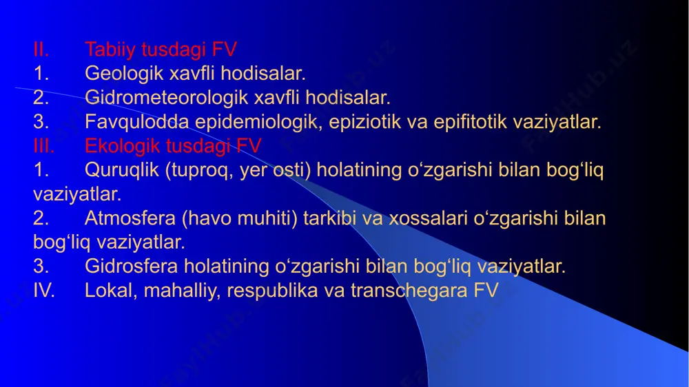 i, bug‘, yuqori va past harorat, olov va h.k.). 2. kimyoviy omillar (kislotalar, ishqorlar, pestitsidlar, zaharlov- chi moddalar va h.k.). 3. radioaktiv vositalar (radioaktiv moddalar — uran, plutoniy, radiyning tarqalishi), radioaktiv nurlar ta'siri. 4. bakteriologik omillar (o‘ta xavfli yuqumli kasalliklar — vabo, o‘lat, oits, chinchechak, gemorragik isitmalar va h.k.)ning tar- qalishi. barcha tibbiyot xodimlari turli xil shikastlar tibbiy yordamning samaradorligi yil sayin oshib bormoqda. bu esa, avvalo, inson umrining uzayishiga olib kelmoqda. o‘z- bekistonda asr boshlarida o‘rtacha umr ko‘rish 30—45 yosh bo‘lgan bo‘lsa, hozir 72—75 yoshni tashkil qiladi. sog‘liqni saqlash so- hasidagi bu yutuqlar, inson salomatligi to‘g‘risida g‘amxo‘rlik qi- lish davlatimiz faoliyatidagi ustuvor yo‘nalish mahsulidir. sog‘liqni saqlash tizimida tez tibbiy yordamni tashkil etish muhim o‘rin tutadi. tez tibbiy yordam zarur asbob-uskunalar bilan jihozlangan maxsus davolash muassasalari tomonidan amalga oshiriladi. tibbiy ma'lumotga ega bo‘lmagan shaxslar tomonidan ko‘r- satilgan birinchi yordam shifokor, feldsher yoki hamshira ko‘r- satadigan yordam o‘rnini bosa olmaydi. bu …