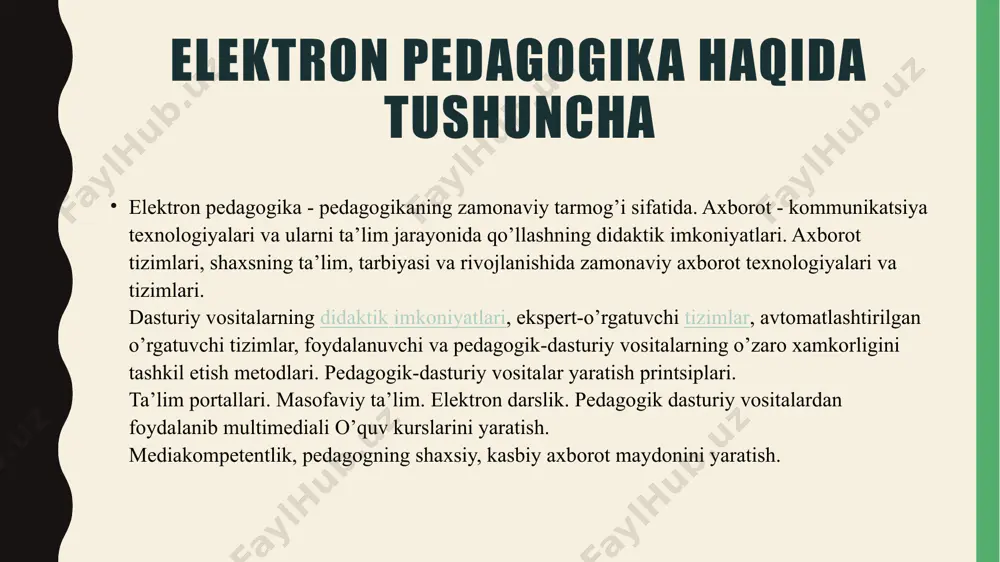 komillashtirish va ‘.k. elktron pedagogikaning salbiy va ijobiy tomonlari ta’lim mazmunini tashkiliy jihatdan takomillashtirish masalasi birinchi navbatda o’quv materiali hajmining keskin o’sishi va tezkor suroatlar bilan yangilanishi muammosini hal qilishi zamin yaratadi. zamonaviy axborot texnologiyalari ta’lim mazmuni tarkibiy qismlarining o’zaro bog’liq jihatlari va aloqalarini rivojlantirish orqali o’quvchiga hohlagan o’quv materiali fragmentidan alohida yoki boshqa elementlar bilan bog’liq tarzda foydalanish uchun qulay imkoniyatlar tug’diradi. bundan tashqari, ushbu texnologiyalar ta’lim mazmunini har xil darajalarda rivojlantirishga ijobiy ta’sir ko’rsatadi. jumladan, o’quv materiali mazmunini ta’lim oluvchilar xususiyatlariga moslashuvchanligi jihati ta’limni individuallashtirish tamoyiliga to’la muvofiqdir. shunday qilib, axborot texnologiyalarining o’qitish jarayonida keng qo’llanilishi yangi pedagogik uslub va vositalar taraqqiyoti, o’qituvchilar faoliyati xususiyatlarining tubdan o’zgarishi hamda an’anaviy pedagogik tizimning isloh qilinishiga olib kelishi muqarrardir. ta’lim jarayonida axborot texnologiyalarni qo’llash muammosi shu texnologiyalarni maqsadga muvofiq tanlash masalasi bilan chambarchas bog’liq. ushbu muammoni yechimi innovatsion texnologiyalar va o’qitish jarayoni o’rtasidagi aloqalarni tartibga solish, ya’ni ta’lim tizimining texnologik va …
