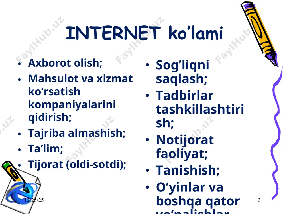 : align=left,right,center vertikal tekislash: valign=top, middle, bottom * * jadvallar yaratish * * freymlar freymlar yordamida ekran bir nechta nomlangan ramkalarga bo’linadi va har bir freymga boshqa-boshqa veb sahifalarni bir paytda yuklash mumkin. … … * * * * freymlar hosil qilish * * giperbog’lanishlar giperbog’lanish bu - gipermatnli hujjatdan boshqa bir hujjatga o’tish uchun yo’l ko’rsatib turadigan ko’rsatkichdir. kirish nuqtasi (qayerdan o’tiladi); o’tish nuqtasi (qayerga o’tiladi); anchore (internet dengizidagi langar) * * shu faylning biror aniq joyiga bog’lanish misol fayl kitob(zakladka) * * boshqa faylga giperbog’lanish boshqa faylning boshiga o’tish fayl1 fayl2 * * boshqa faylning biror aniq joyiga bog’lanish (fayl1.htm da yoziladi) (fayl2.htm da yoziladi) fayl1 fayl2 kitob(zakladka) * * boshqa oyna orqali bog’lanish yoki misol freym2 freym1 fayl2 fayl1 rasmdan gipermurojaat misol rasm qismidan gipermurojaat ... misol * * namo web editor 5.5 * * namo web editor (html-kod) * * freymlarga bo’lish * * clip art …