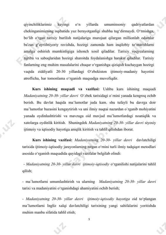 rning o‘rganilishi natijalari, tadqiqotchilar xulosalarini qiyoslab, yangi asoslarda tadqiq etish; - o`zbek xalqining o‘rta asrlar davlatchiligi tarixida tutgan o‘rnini va uning siyosiy-tarixiy jarayonlarda tutgan mavqeyini yoritib berish.. mavzuning o`rganilganlik darajasi. madaniyatning 20-30- yillar davri ijtimoiy-iqtisodiy davri bugungi kungacha olimlar, tarixshunoslar tomonidan juda ko`p tadqiq qilingan. shuningdek bugungi vaqtda ham bu davr haqida qandaydir bir shaklda ilmiy yoki amaliy izlanishlar olib borilayapti. o`tgan asrlarda ham bu davrga doir ilmiy izlanishlar olib borilgan.. ayrim ilmiy tadqiqotlar esa hali tugatilmagan. hozirgi zamonaviy texnologiyalar rivojidan keyin ham bu tarixiy voqeaga boshqa voqealar singari jiddiy chuqurroq e’tibor berilayapti. natijada esa madaniyatning 20-30- yillar davri haqida ma’lumotlar bazasi oshdi. shuningdek e. k. meyendorf, a. a. semenov, p. ivanov, o. chexovich, n. a. xalfin, g. a. mixaleva, a. vildanova, b. iskandarov, a. r. muhammadjonov, h. n. bobobekov, sh. karimov, m. sodiqov, d. valiyeva, i. g. nizamuddinov, b. xo`jayeva, b. mannonov, z. rahmonqulova, h. to`rayevlarning tadqiqotlarini va asarlari …