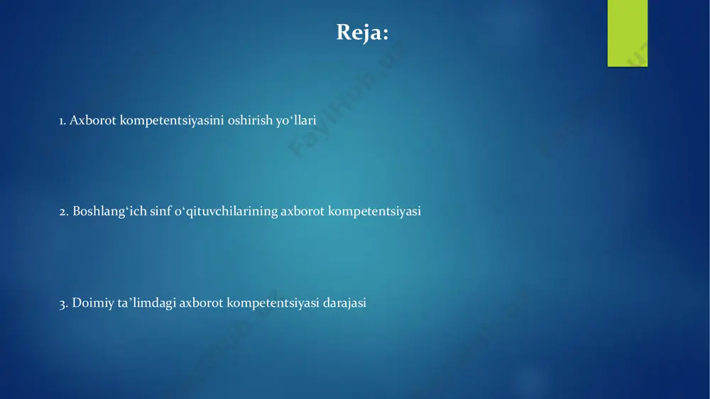 kin. kelajakdagi istiqbollar xalqaro hamkorlik doirasida, 2025-yilga kelib, 1000 dan ortiq boshlang'ich sinf o'qituvchisi singapur va janubiy koreyaning ilg'or pedagogika usullarini o'rganish uchun ta'lim almashinuvida qatnashadi. davlat tomonidan moliyalashtiriladigan 15 ta yangi o'quv markazi, toshkent va samarqand viloyatlarida ochilib, boshlang'ich sinf o'qituvchilarining axborot kompetentsiyasini oshirishga qaratilgan 50 dan ortiq yangi dasturlarni taklif etadi. muammolar va kamchiliklar samarqand viloyatida o'tkazilgan tadqiqotlar shuni ko'rsatdiki, boshlang'ich sinf o'qituvchilarining 60% axborot manbalarini tanqidiy tahlil qilish, dezinformatsiyadan himoyalanish ko'nikmalariga ega emas. qoraqalpog'iston respublikasi maktablarida o'qituvchilarning 75% dan ortig'i elektron kutubxona va ma'lumot bazalaridan foydalanish bo'yicha yetarli bilim va ko'nikmalarga ega emasligi aniqlangan. bu esa o'quv jarayonining sifatiga salbiy ta'sir ko'rsatadi. axborot kompetentsiyasini baholash metodlari axborot kompetentsiyasini baholashda 5 ball shkalasi bo‘yicha testlar, masalan, 20 ta savoldan iborat testlar, toshkent shahridagi o‘qituvchilarni baholashda qo‘llanilishi mumkin. surxondaryo viloyati maktablarida 70% o‘qituvchilarning axborot kompetentsiyasi darajasini aniqlash uchun kuzatish, intervyu va portfel usuli qo‘llanilgan. e'tiboringiz uchun rahmat @taqdimot_robot slide …