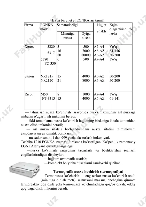 taxrirlash va boshkarishni sezilarli engillashtiradigan displeylar; —hujjatni avtomatik uzatish; —komplekt bo’yicha nusxalarni saralovchi qurilma. termografik nusxa kuchirish (termografiya) termonusxa ko’chirish — eng tezkor nusxa ko’chirish usuli (minutiga o’nlab metr), u nusxani maxsus, anchagina qimmat termoreaktiv qog’ozda yoki termonusxa ko’chiriladigan qog’oz orkali, oddiy qog’ozga olish imkonini beradi. termografik nusxa ko’chirish tamoyili kuyidagichadir: xujjat—asl nusxaga yarim shaffof termoreaktiv qog’ozning sezgir qatlami qaratib ko’yiladi. keyin shu qog’oz orqali xujjat issiklik nurlarining jadal okimi bilan nurlantiriladi — asl nusxaning qora joylari bu nurlarni yutadi va qiziydi, yorug’ joylari issiklik nurlarini kaytaradi va ancha kamroq qiziydi. asl nusxaning ma’lum joylari kizishi unga yopishgan termoreaktiv qog’ozga uzatiladi, bu qog’ozning qizigan joylari esa qorayadi (qorayish yorug’likni sezuvchi qatlamdagi pigmentning erishi oqibatida yoki pigment hosil kiluvchi kimyoviy reakсiyaning issiklik ta’sirida bo’lib o’tadi). termonusxa ko’chirish kamchiliklari: yuqori bo’lmagan sifat, nusxalarning saqlanish muddati kamligi (1—2 yildan keyin ularniig rangi o’chadi va oqaradi), kimmatbaho qog’oz. molniya, tenka, tr4 va boshka apparatlar …