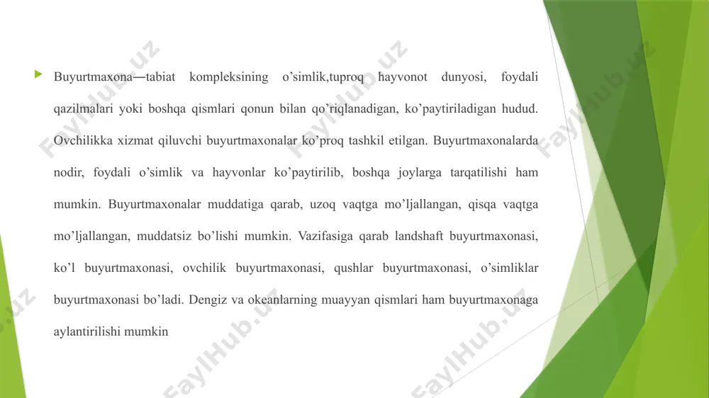 onalar (tmqxi bo`yicha iv daraja): 12. qorako`l; 13. qarnabcho`l; 14. sayg`oq; 15. sudochi; 16. qo`shrabod; 17. qoraqir; 18. arnasoy; 20. dengizko`l. tabiat obidalari (tmqxi bo`yicha iv daraja): 21. vardanzi; 22. yozyovon. noyob hayvonlarnin ko`paytirish: 23. jayron ekomarkazi; 24. qorako`l. b) muhofaza qilinadigan turlar: tuyoqli hayvonlar: 1-qizilqum yovvoyi qo`yi; 2-xongul; 3-jayron; 4-to`ng`iz; 5-bug`u; 6-sibr echkisi; 7-morxo`r; yirtqich hayvonlar: 8-qashqir, chiyabo`ri; 9-silovsin; 10-bo`rsiq; 11-oq tirnoqli ayiq; 12-o`rta osiyo qunduzi; 13-oq sichqon; 14-savsar; 15-to`qay mushugi; 16-tulki; 17-olaqo`zan; 18-ilvirs; kemiruvchilar: 19-tolay tovushqoni; 20- qizil sug`ur; 21-ondatra; 22-ko`k sug`ur; 23-nozik barmoqli yumronqoziq; 24-relekt yumronqoziq; qushlar: 25itolg`i; 26-oq qo`ton; 27-oq boshli qumoy; 28-burgut; 29-boltayutar; 30-qoravoy; 31-tuvaloq, dudak; 32-kaklik; 33-cho`l burguti; 34-xo`jasavdogar; 35-kaljo`rchi; 36-jingalakdor birqozon; 37-himolay ulari; 38-qirg`ovul; 39-tasqara; 40-qora laylak; 41-qor tasqarasi. 1988-yilda o‘zbekistonda 6 ta buyurtmaxona faoliyat yuritar edi: arnasoy - jizzax viloyati; dengizko‘l - buxoro viloyati; kohitang - surxondaryo viloyati; sangardak - surxondaryo viloyati; “efa” - surxondaryo viloyati; gurlan - xorazm viloyati. bugungi kunda …