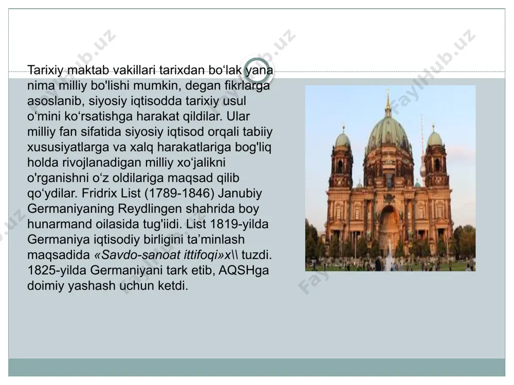 iqtisod» kitobi bosilib chiqdi. bu kitobda u mazkur maktabning qarashlarini himoya etish va muntazamlashtirishga harakat qildi. k.knis alohida iqtisodiy qonunlar yo‘q, faqat doimo va hamma joyda amal qiladigan tabiiy qonunlar bor deb da’vo qildi. uning fikricha, siyosiy iqtisod faqat iqtisodiy hodisalami tasvirlab berishi mumkin, u nazariy umumlashmalami berishga qodir emas. knis millat turmushining iqtisodiy sharoitlari uchun individ (shaxs), jamiyat va davlatning mas’uliyatini eklektik (qorishma) tarzda birlashtirmoqchi bo'ldi. 1848-yilda bruno gildebrand (1812-1878) «hozirgi zamon va kelajakning siyosiy iqtisodi» kitobini e’lon qild yangi tarixiy maktab va «ijtimoiy yo‘naiish» xlx-asming ikkinchi yarmida ham germaniyada iqtisodiyot fani tarixiy usul asosida rivojlanmoqda edi. nemis iqtisodchilari bundan awalgi davrda iqtisodiy adabiyotda vujudga kelgan an’analami davom ettirib, kuchaytirdilar. ular germaniya ijtimoiy-iqtisodiy taraqqiyoti­ning o‘ziga xosligini aks ettirib, feodalizm sarqitlarining uzoq vaqtdan beri saqlanib kelayotganligini keskin tanqid qildilar. shu davr germaniya iqtisodiy tadqiqotlarida yangi tarixiy maktab yetakchi o'rinlardan birini egallar edi. ushbu maktabning yetakchi olimlari, gustav shmoller (1838-1917) bo'lsa, …