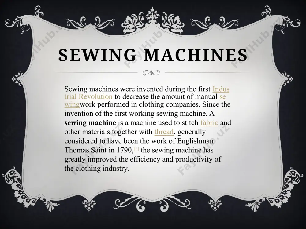 ce. [13] thomas chadwick later joined bradbury & co. william jones opened a fac tory in guide bridge, manchester in 1869. [14] in 1893 a jones advertising sheet claimed that this factory was the "largest factory in england exclusively making first class sewing machines". [15] the firm was renamed as the jones sewing machine co. ltd and was later acquired by brother industries of japan, in 1968. [16] /docprops/thumbnail.jpeg buxoro muhandislik texnologiya instituti bukhara engineering-technological institute sewing machines sewing machines were invented during the first industrial revolution to decrease the amount of manual sewing work performed in clothing companies. since the invention of the first working sewing machine, a sewing machine is a machine used to stitch fabric and other materials together with thread. generally considered to have been the work of englishman thomas saint in 1790,[1] the sewing machine has greatly improved the efficiency and productivity of the clothing …