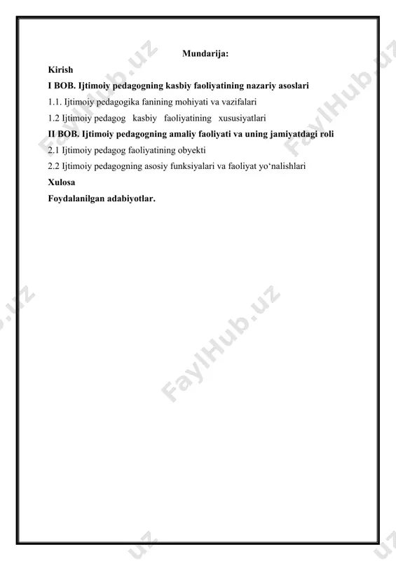 asoslarini o‘rganish hamda ijtimoiy pedagogning jamiyatdagi rolini tahlil qilish muhim ilmiy-amaliy ahamiyatga ega. kurs ishining maqsadi – ijtimoiy pedagogning kasbiy faoliyatini nazariy va amaliy jihatdan tahlil qilish, uning jamiyatdagi o‘rni va ahamiyatini o‘rganish, shuningdek, ijtimoiy pedagogika sohasidagi mavjud muammolar va ularning yechimlariga e’tibor qaratishdan iborat.mazkur ish quyidagi vazifalarni bajarishga yo‘naltirilgan: ijtimoiy pedagogika fanining mohiyatini yoritish; ijtimoiy pedagogning kasbiy faoliyatining huquqiy-me’yoriy asoslarini o‘rganish; ijtimoiy pedagogning asosiy funksiyalari va faoliyat yo‘nalishlarini tahlil qilish; ijtimoiy pedagogik faoliyatda uchraydigan muammolar va ularning yechimlarini o‘rganish. tadqiqotning obyekti – ijtimoiy pedagogik faoliyat jarayoni. tadqiqotning predmeti – ijtimoiy pedagogning kasbiy faoliyati va uning jamiyatdagi o‘rni. tadqiqot predmeti esa ijtimoiy pedagogning kasbiy faoliyati va uning jamiyatdagi o‘rni bilan bog‘liq masalalar hisoblanadi. tadqiqotda quyidagi usullar qo‘llanildi: nazariy tahlil – ijtimoiy pedagogikaga oid ilmiy adabiyotlar, ta’lim metodikalari va qonunchilik hujjatlarini o‘rganish; solishtirma tahlil – turli mamlakatlardagi ijtimoiy pedagogika tizimlarini taqqoslash; huquqiy-me’yoriy hujjatlar tahlili – ijtimoiy pedagog faoliyatini tartibga soluvchi qonunlar …