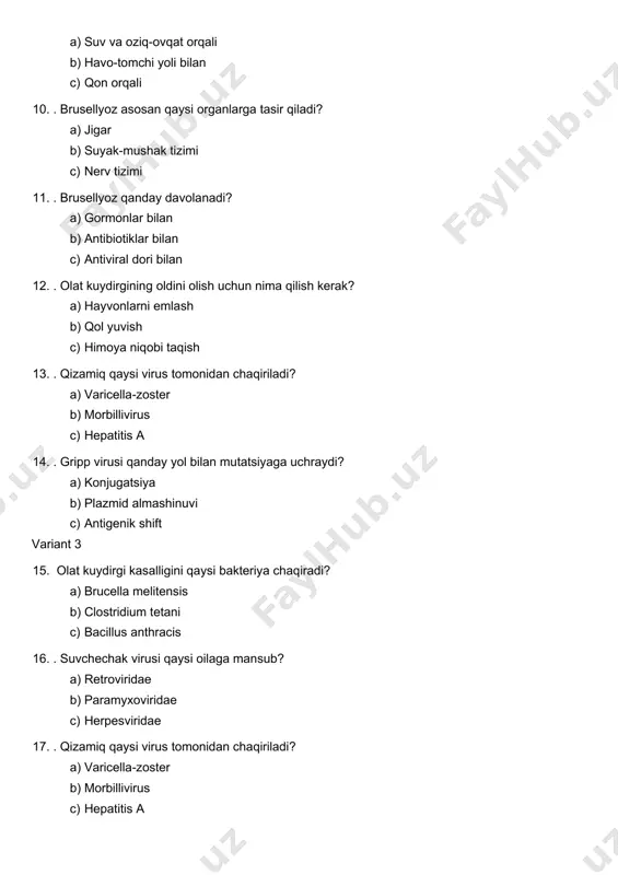 2 1. .qizamiqning asosiy alomati nima? a) toq qizil toshmalar b) kokargan yaralar c) sariqlik 2. oits qanday aniqlanadi? a) ekg b) rentgen c) elisa testi 3. grippga qarshi emlash necha yilda bir marta qilinishi kerak? a) har yili b) hayotda bir marta c) har 5 yilda 4. .olat kuydirgining oldini olish uchun nima qilish kerak? a) hayvonlarni emlash b) qol yuvish c) himoya niqobi taqish 5. oits kasalligiga sababchi virus qaysi? a) hcv b) hiv c) hbv 6. oits organizmning qaysi hujayralariga tasir qiladi? a) eritrotsitlar b) cd4 limfotsitlari c) makrofaglar 7. . oits kasalligiga sababchi virus qaysi? a) hcv b) hiv c) hbv 8. . qoqsholni oldini olish uchun nima qilish kerak? a) vaksina olish b) suyuqlik ichish c) antibiotik ichish 9. . oits organizmning qaysi hujayralariga tasir qiladi? a) eritrotsitlar b) cd4 limfotsitlari c) makrofaglar 10. qizamiq qaysi virus tomonidan chaqiriladi? a) varicella-zoster b) morbillivirus c) hepatitis …