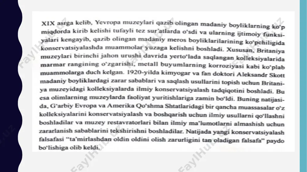 a'lumot olish uchun tuproqni o'rganishi mumkin. tahlillar tuproqning tuzilishini va uning kimyoviy tarkibini (organik moddalar, azot, fosfor, ph va boshqalar) ko'rib chiqishi mumkin. arxeologlar, shuningdek, sopol parchalari yoki tosh asboblar kabi artefaktlarda topilgan organik qoldiqlarni ham o'rganishlari mumkin. kapillyar gaz xromatografiyasi kabi usullardan foydalangan holda , kimyogarlar bilan ishlaydigan arxeologlar ba'zida qozonda pishirilgan yoki tosh asbob bilan kesilgan o'simliklar yoki hayvonlarning turlarini aniqlashlari mumkin. ushbu usullar hali ham juda yangi, ammo yangi ma'lumotlar uchun katta va'da beradi. sopol parchasidagi kuygan organik qoldiqlar gaz xromatografiyasi yordamida tekshirildi va ular tarkibida yirik sut emizuvchilarning yog 'kislotalari borligi aniqlandi. bu natijalar go'sht mahsulotlari qozonda pishirilganligini ko'rsatadi. [fotosurat va tahlil jon morrisdan olingan] tozalash vositalari: etanol yoki izopropil spirti – organik materiallarni va namunalarning ustki qatlamini tozalash uchun. distillangan suv – nozik topilmalarni yuvish va suvda eriydigan qoldiqlarni olib tashlash uchun. oksalik kislota – ohak va zang dog‘larini tozalash uchun. biologik namunalarga ishlov berish: …