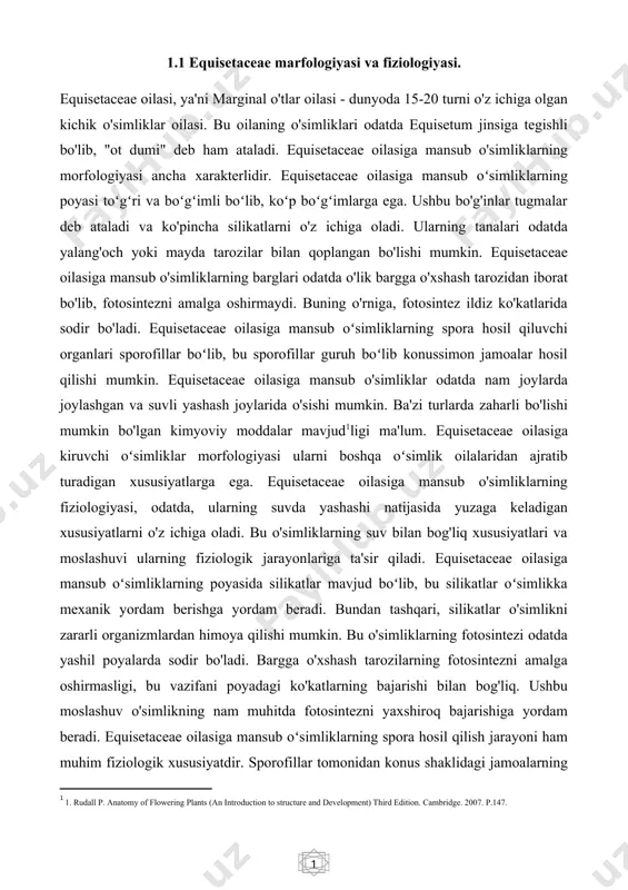 'simliklarning fotosintezi odatda yashil poyalarda sodir bo'ladi. bargga o'xshash tarozilarning fotosintezni amalga oshirmasligi, bu vazifani poyadagi ko'katlarning bajarishi bilan bog'liq. ushbu moslashuv o'simlikning nam muhitda fotosintezni yaxshiroq bajarishiga yordam beradi. equisetaceae oilasiga mansub oʻsimliklarning spora hosil qilish jarayoni ham muhim fiziologik xususiyatdir. sporofillar tomonidan konus shaklidagi jamoalarning shakllanishi sporalarning ishlab chiqarilishi va tarqalishini osonlashtirishi mumkin. bu o'simliklarda zaharli bo'lishi mumkin bo'lgan kimyoviy moddalar mavjudligi ham fiziologik xususiyatdir. ushbu kimyoviy moddalar o'simlikning zararli organizmlarga qarshi himoya mexanizmlariga hissa qo'shishi mumkin. natijada, equisetaceae oilasiga kiruvchi o'simliklar fiziologiyasi suvda yashash uchun moslashtirilgan xususiyatlarni o'z ichiga oladi. bu xususiyatlar o'simlikning omon qolish va ko'payish imkoniyatlarini oshirishi mumkin. 1.2 equisetaceae sistematikasi equisetaceae oilasiga mansub o'simliklarning fiziologiyasi, odatda, ularning suvda yashashi natijasida yuzaga keladigan xususiyatlarni o'z ichiga oladi. bu o'simliklarning suv bilan bog'liq xususiyatlari va moslashuvi ularning fiziologik jarayonlariga ta'sir qiladi. equisetaceae oilasiga mansub oʻsimliklarning poyasida silikatlar mavjud boʻlib, bu silikatlar oʻsimlikka mexanik yordam berishga yordam …