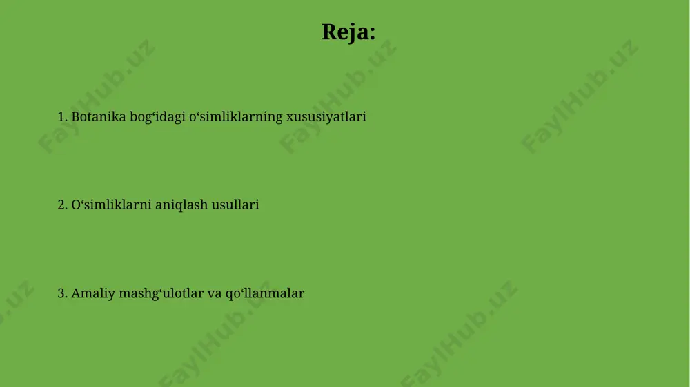 shi (dixotomik, monoxozial) kabi morfologik xususiyatlar o'simliklarni turkumlarga ajratishda muhim rol o'ynaydi, 10 ta o'simlikda bularni taqqoslash kerak. o'simliklarning barg shakllarini (masalan, tuxumsimon, lansetsimon, yuraksimon) va ularning joylashishini (qarama-qarshi, navbatma-navbat, rozeta) aniqlash, 5 ta turdagi barglarning morfologik xususiyatlarini taqqoslash orqali o'simlikni aniqlashga yordam beradi. amaliy mashg'ulot: o'simliklarni aniqlash amaliy mashgʻulot davomida kamida 70% aniqlik darajasi bilan 20 ta oʻsimlik namunalarini muvaffaqiyatli aniqlash talab etiladi. oʻsimliklarni aniqlashda morfologik xususiyatlar (barg shakli, gul tuzilishi, poya tuzilishi), shuningdek, 3 ta qoʻshimcha aniqlash kalitidan foydalaniladi. o'simliklarni aniqlash uchun qo'llaniladigan vositalar o'simliklarning dnk barmoq izlarini aniqlash uchun ishlatiladigan zamonaviy molekulyar genetika usullari, pcr texnologiyalari yordamida 99% aniqlik bilan o'simliklarni aniqlash imkonini beradi. binokulyar lupalar, mikroskoplar kabi 10x dan 100x gacha kattalashtirish imkoniyatiga ega optik asboblar o'simliklarning morfologik xususiyatlarini batafsil o'rganishga yordam beradi. e'tiboringiz uchun rahmat @taqdimot_robot image1.jpg image2.jpg image3.jpg image4.jpg image5.jpg image6.jpg image7.jpg